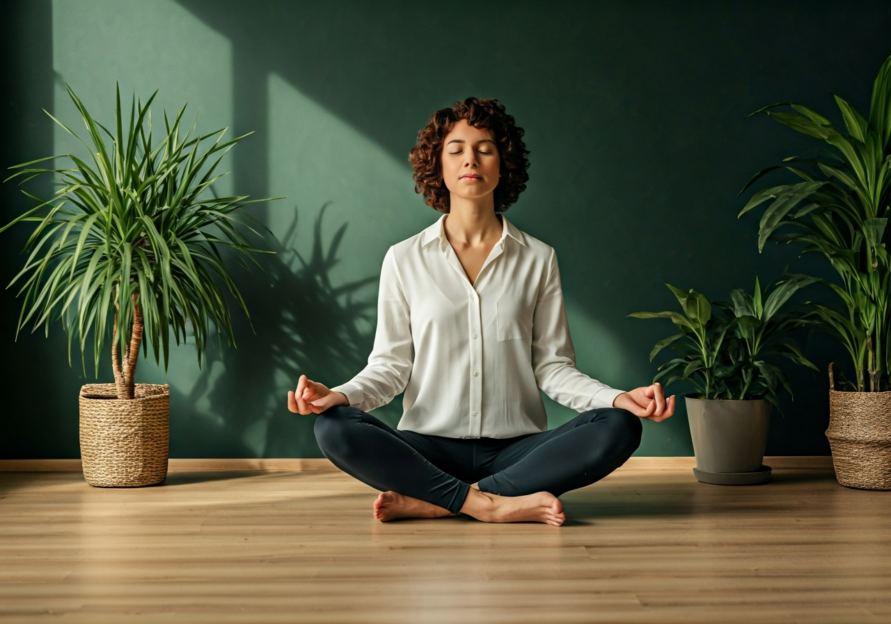 Editorial photography, a professional woman meditating in a minimalist sunlit office with green plants, soft natural light, 85mm lens, premium aesthetic, representing stress management and biological balance, no text, no letters