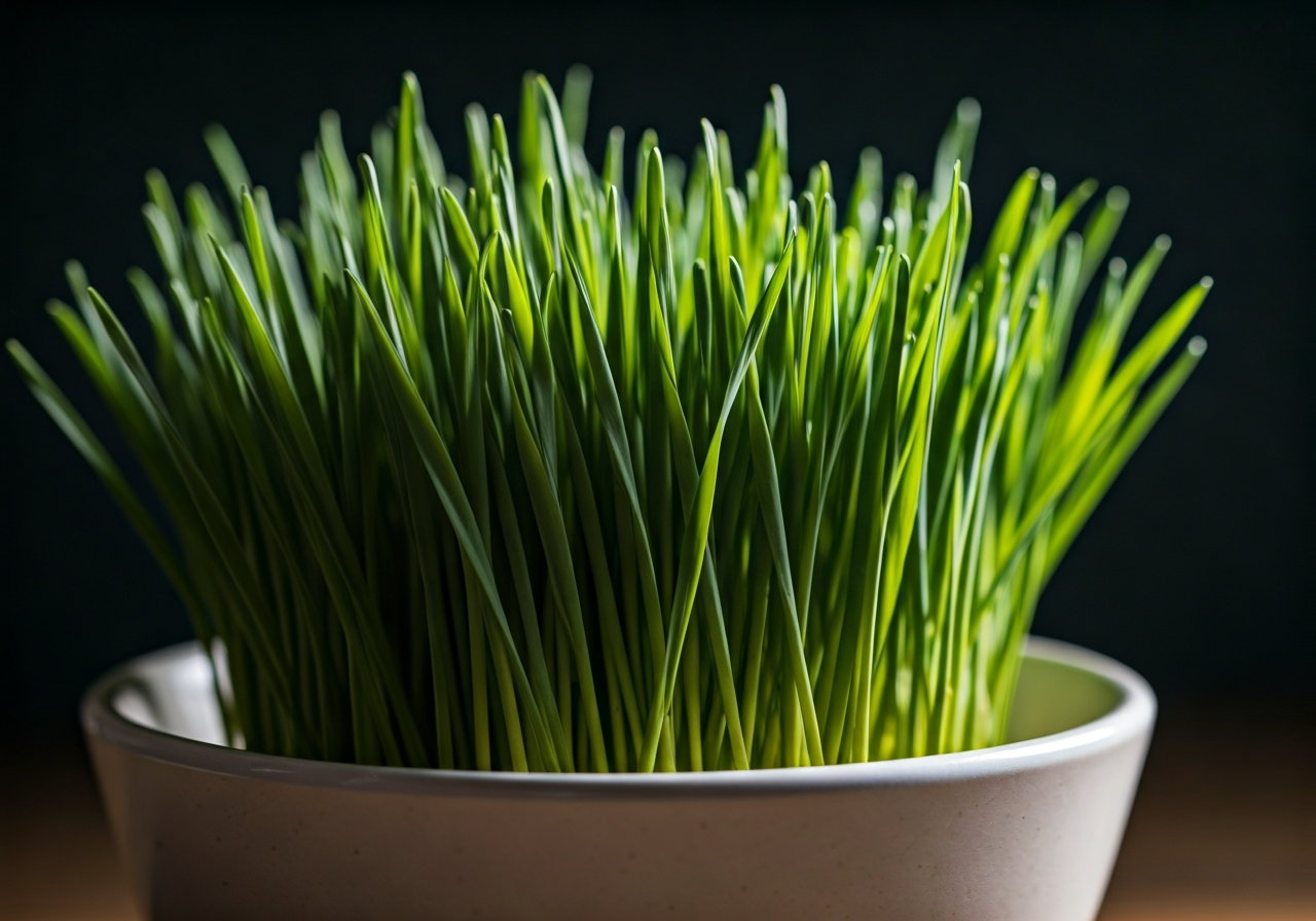 Mladý oves: Opravdu funguje na detox? (Pravda) 2 Macro close-up of vibrant green young oat shoots in a minimalist ceramic bowl, soft natural morning light, depth of field, premium editorial wellness aesthetic, 85mm lens, no text, no words, no letters