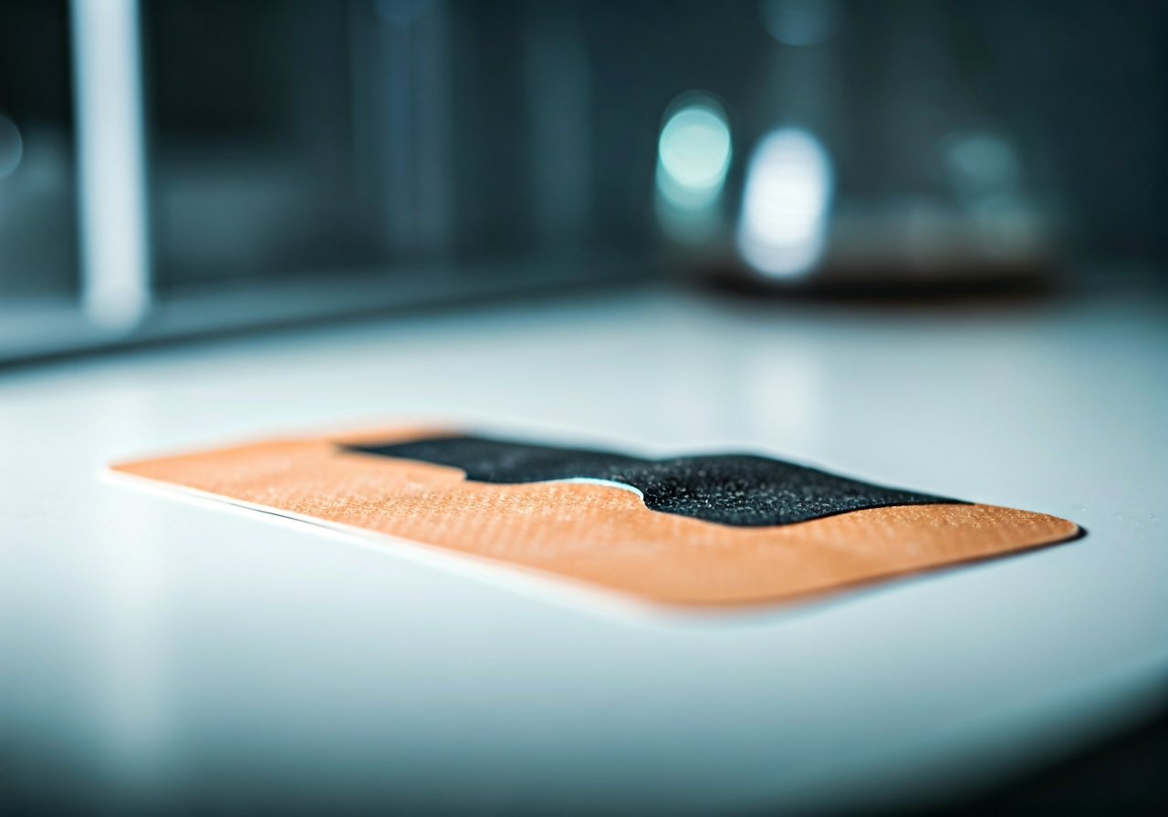 A laboratory close-up showing a detox foot patch on a white surface, half of the patch is clean, the other half is dark and moist, scientific environment, sterile, soft neutral lighting, 85mm macro lens, high detail, no text, no words, no letters.