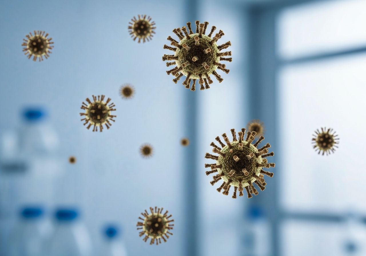 Chřipka: Jak se uzdravit rychle? (Krok za krokem) 2 Macro photography of influenza virus particles floating in a clean, sterile clinical environment, professional laboratory aesthetic, soft bokeh background, soft natural lighting, 85mm lens, high resolution, clinical focus, no text, no words, no letters