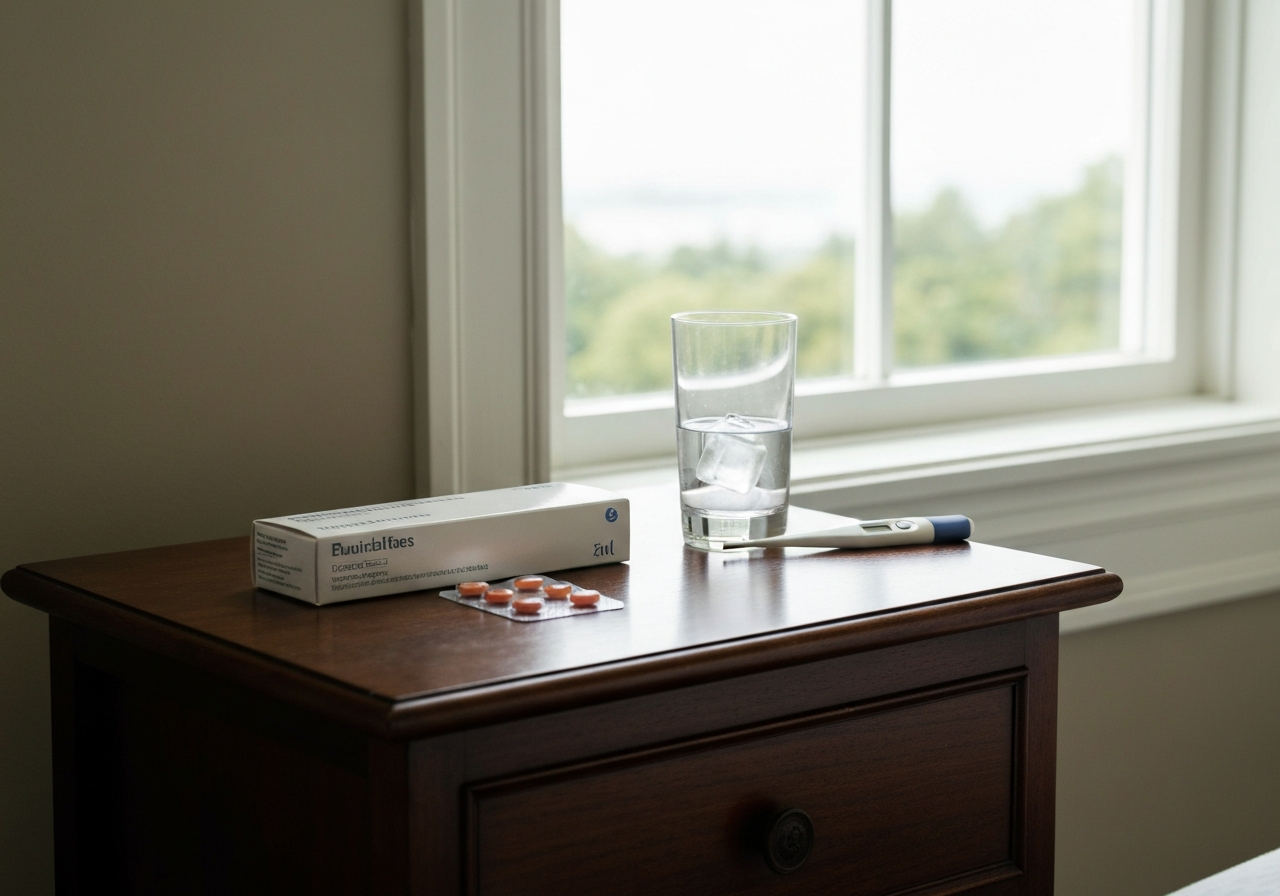 Chřipka: Jak se uzdravit rychle? (Krok za krokem) 3 A professional medical setup on a wooden bedside table, featuring a glass of water, a digital thermometer, and a box of medication, clean clinical aesthetic, soft morning natural light, 85mm macro lens, high-end editorial photography, no text, no words, no letters.