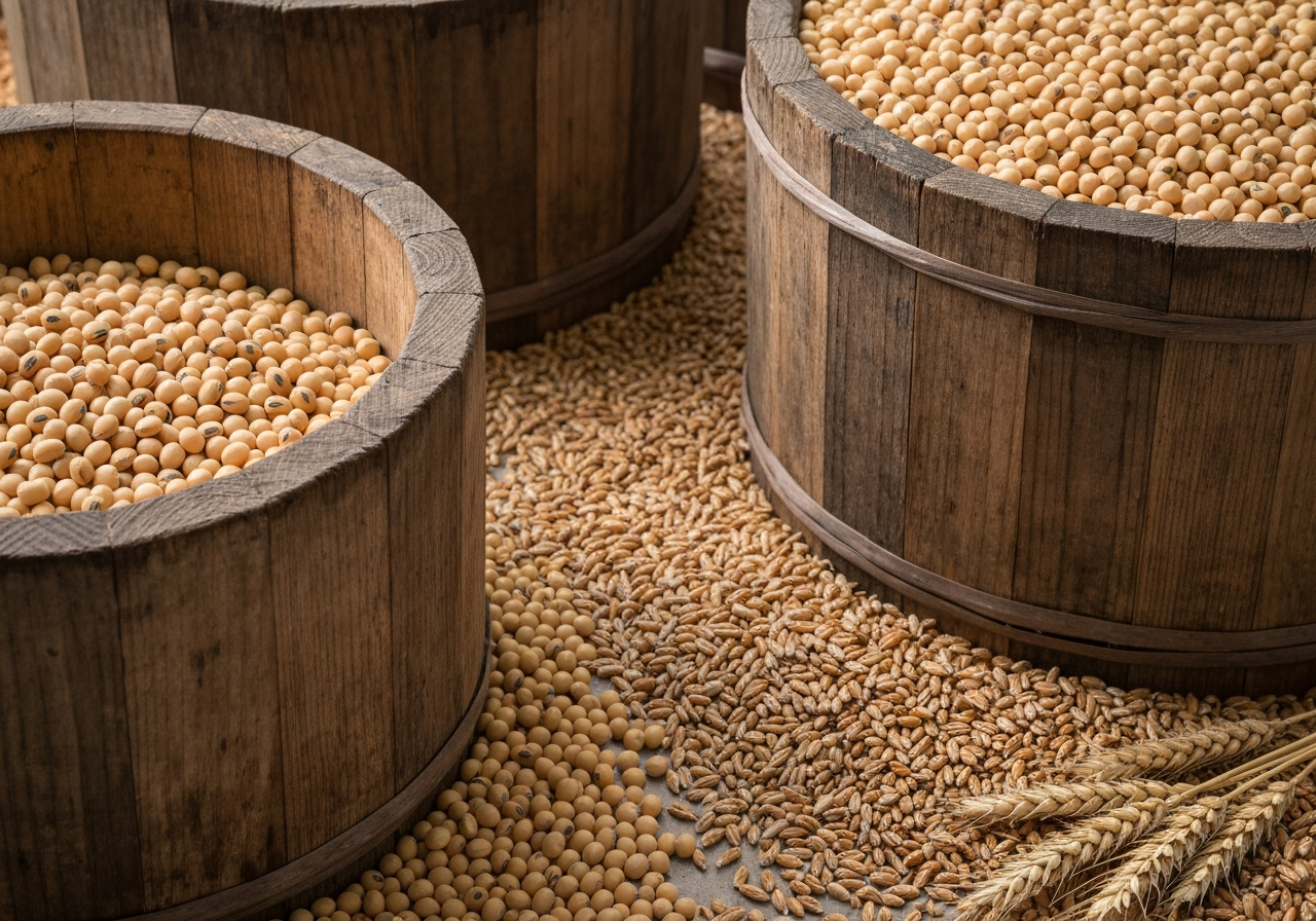 A close-up, high-angle artistic shot of wooden barrels used for fermentation, rustic traditional texture, surrounded by dried soybeans and wheat grains, soft natural light, depth of field, 85mm lens, editorial aesthetic, no text, no letters