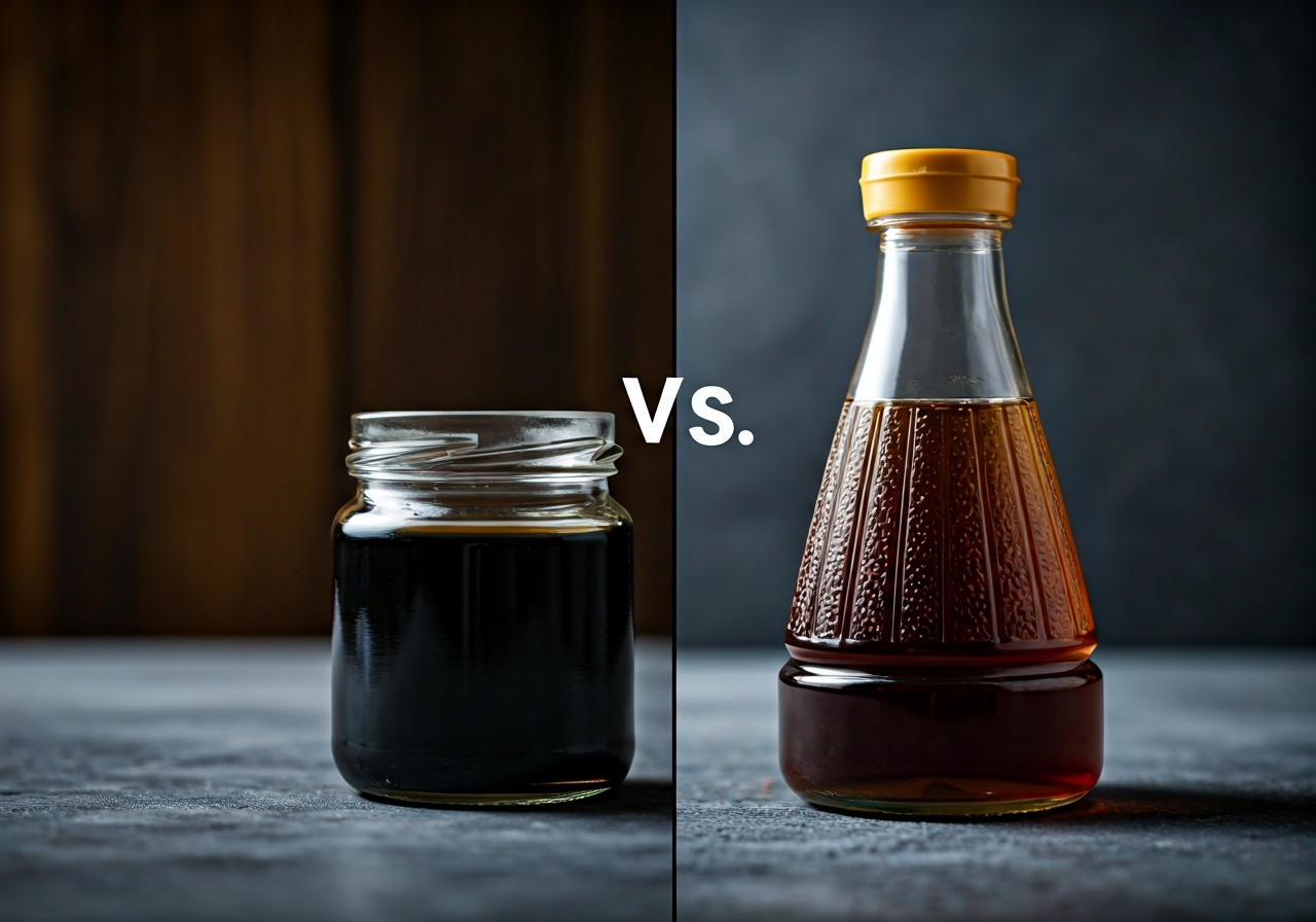 A split-screen comparison of a dark, rich traditional soy sauce in a glass jar versus a thin, amber-colored synthetic soy sauce in a plastic bottle, clean kitchen background, editorial photography, premium aesthetic, soft natural light, 85mm lens, high contrast, no text, no letters