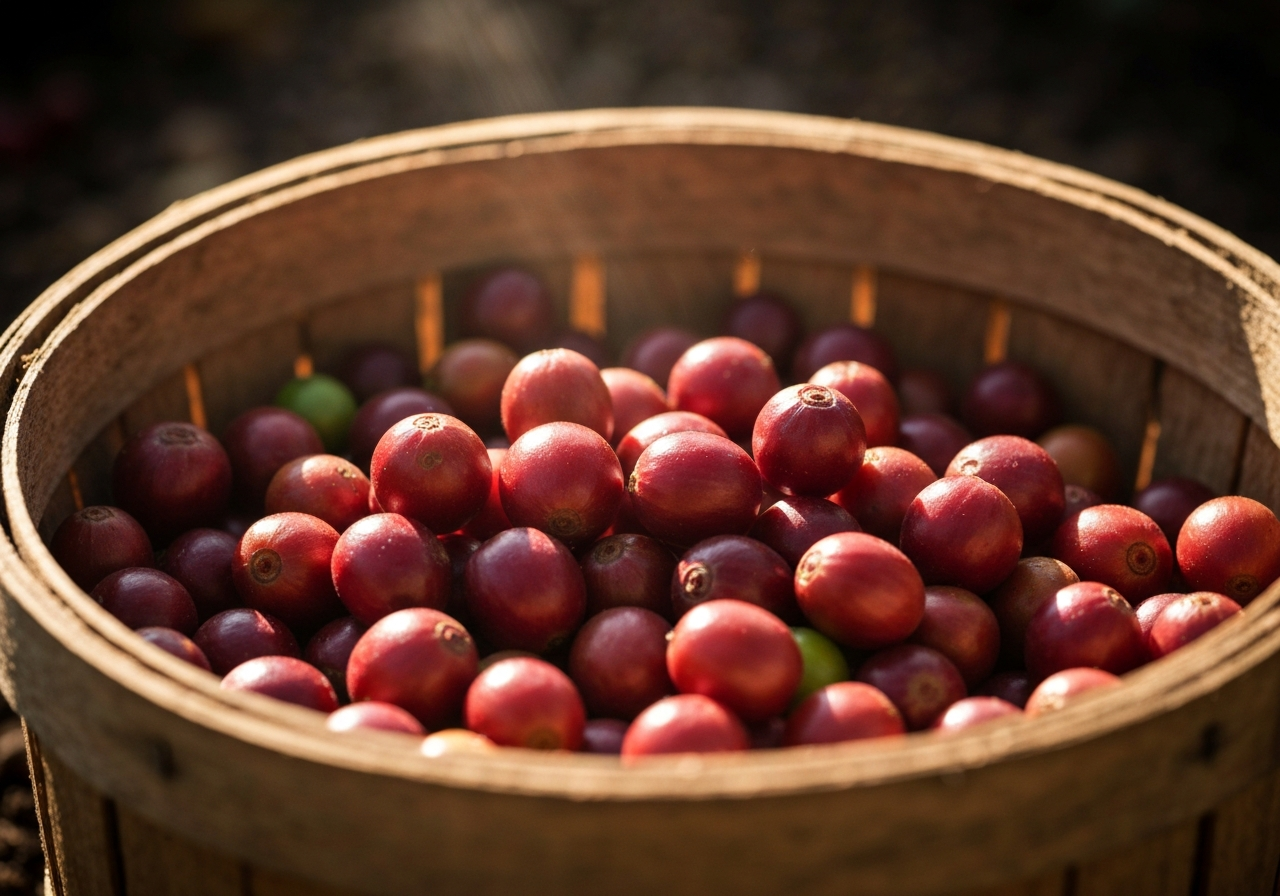 Macro close-up of coffee cherries being sorted in a rustic wooden basket, dark rich soil background, soft natural sunlight, professional editorial photography, 85mm lens, highly detailed textures, no text, no letters