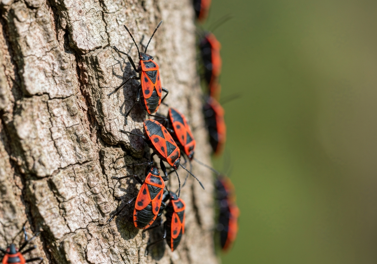 A macro shot of a cluster of Pyrrhocoris apterus insects on a tree bark, high contrast, vibrant red and black patterns, editorial photography, soft natural sunlight, shallow depth of field, 85mm lens, no text, no letters