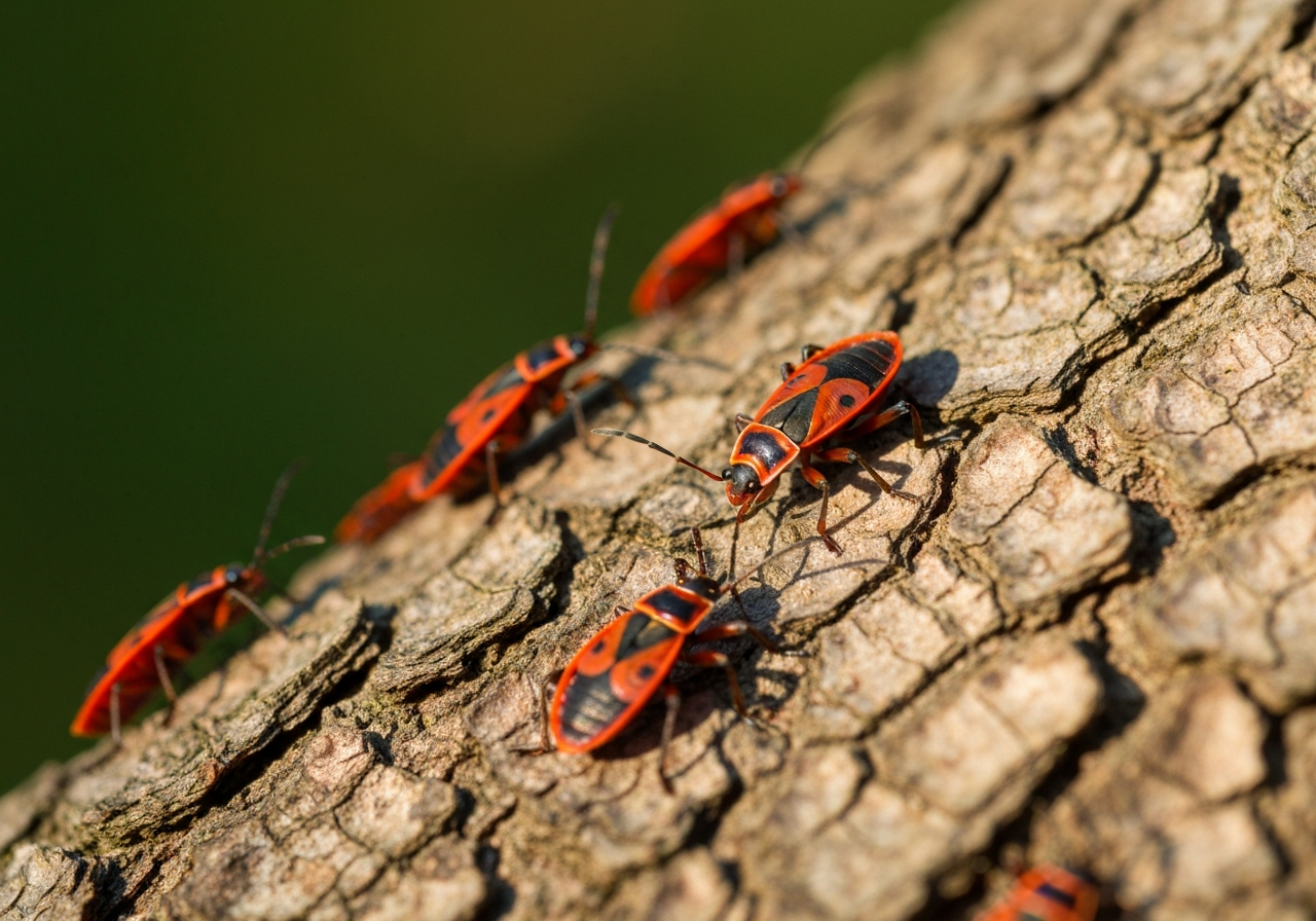 Macro photography of a group of red firebugs on a textured tree bark, natural garden environment, soft morning sunlight, shallow depth of field, 85mm lens, high resolution, no text, no words, no letters