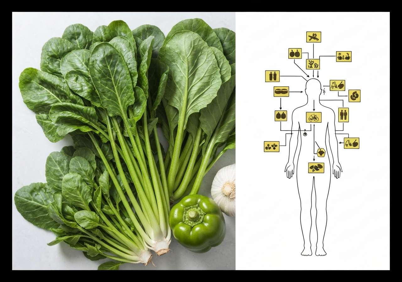 Detoxikace: Funguje to? 7 pilířů Dr. Jonáše (Pravda) 3 A split-screen composition showing fresh green vegetables on one side and a schematic representation of human metabolic pathways on the other, clean clinical background, editorial photography style, soft daylight, 85mm lens, high resolution, no text, no words, no letters.
