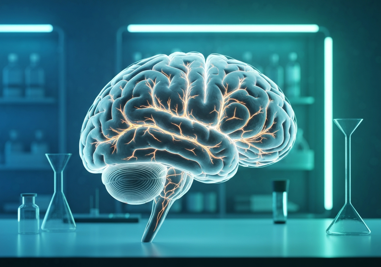 A stylized, clean 3D render of the human brain with glowing neural pathways, modern minimalist laboratory background, soft blue and teal ambient lighting, cinematic focus, 85mm lens, high resolution, no text, no letters