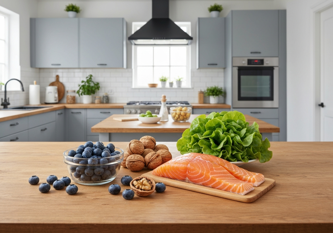 A wooden table filled with fresh brain-healthy foods like blueberries, walnuts, salmon, and leafy greens, bright and airy modern kitchen setting, editorial photography, soft natural light, 85mm lens, high quality, no text, no letters