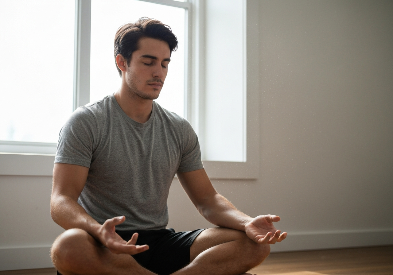 A professional athlete practicing mindful breathing in a minimalist, serene home environment, soft natural daylight streaming through a large window, calm atmosphere, editorial photography style, 85mm lens, high resolution, no text, no letters