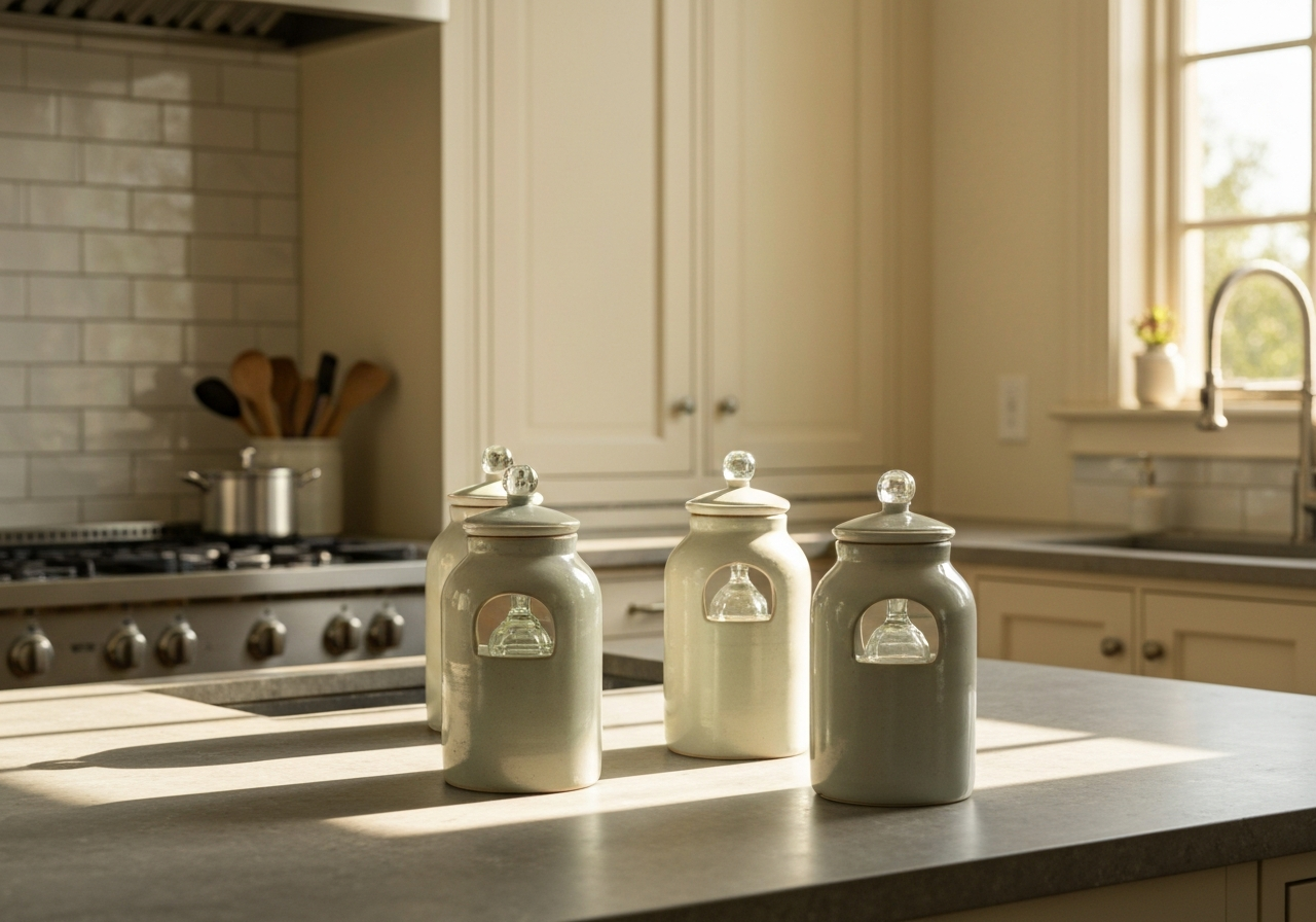 Professional ceramic fermentation jars with glass weights inside, high-end kitchen aesthetic, soft natural morning light, cinematic editorial style, 85mm lens, high detail, no text, no words, no letters