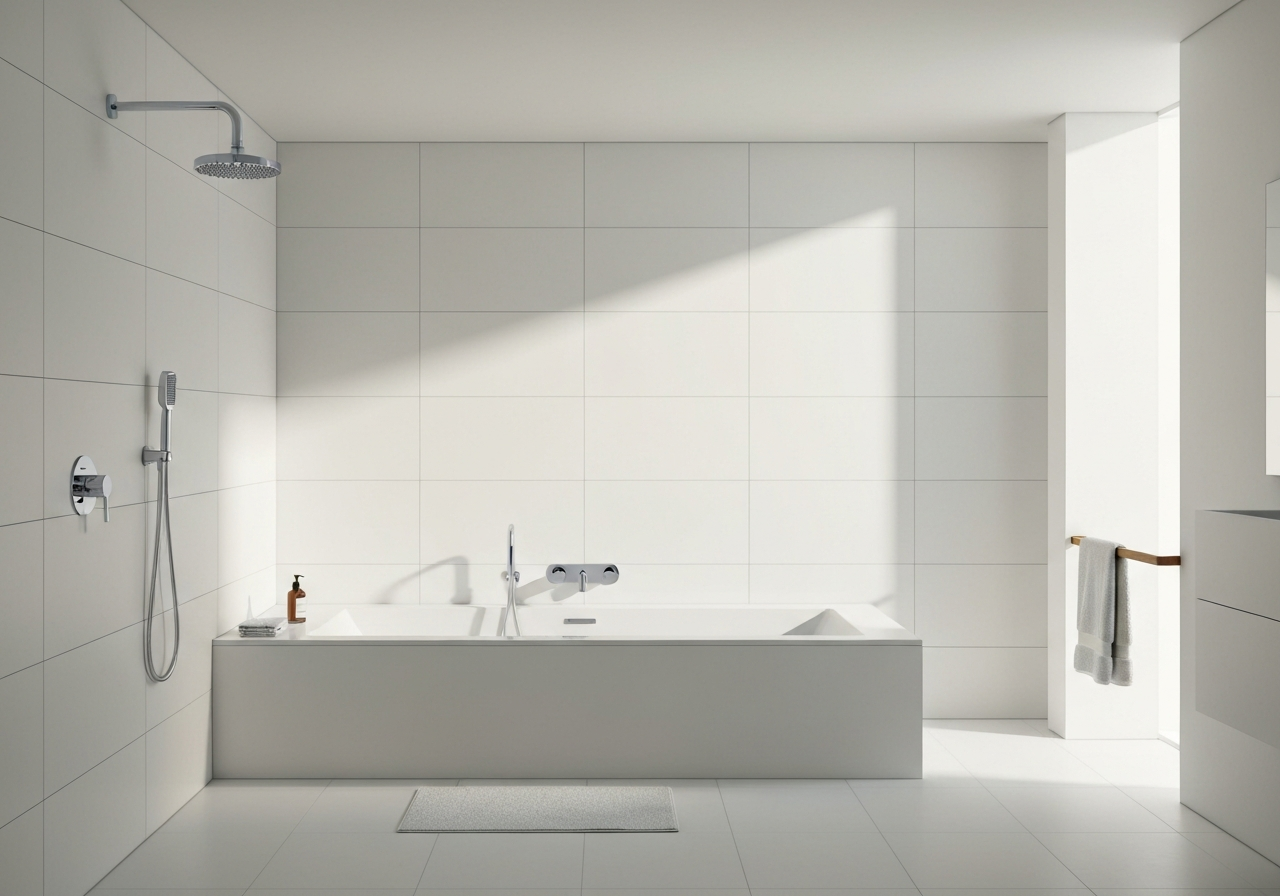 A modern, minimalist bathroom interior featuring high-end chrome thermostatic shower fixtures, soft morning light streaming through a window, clean aesthetic, editorial style, 85mm lens, depth of field, no text, no words, no letters.