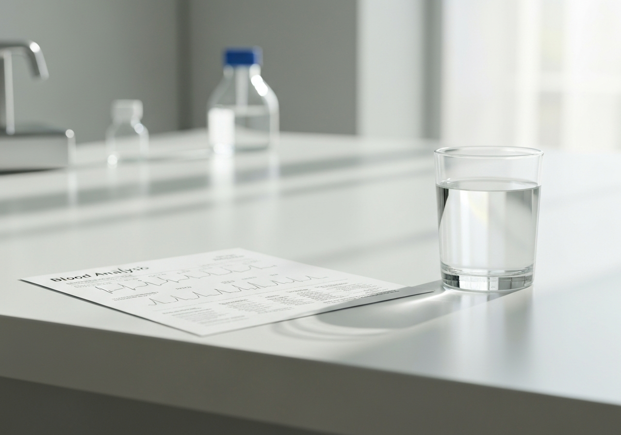 Nízký cholesterol: Je skutečně nebezpečný? (Pravda) 2 A professional medical laboratory setting featuring a blood analysis report and a glass of clear water on a clean white surface, soft natural light, shallow depth of field, 85mm lens, minimalist aesthetic, no text, no words, no letters.
