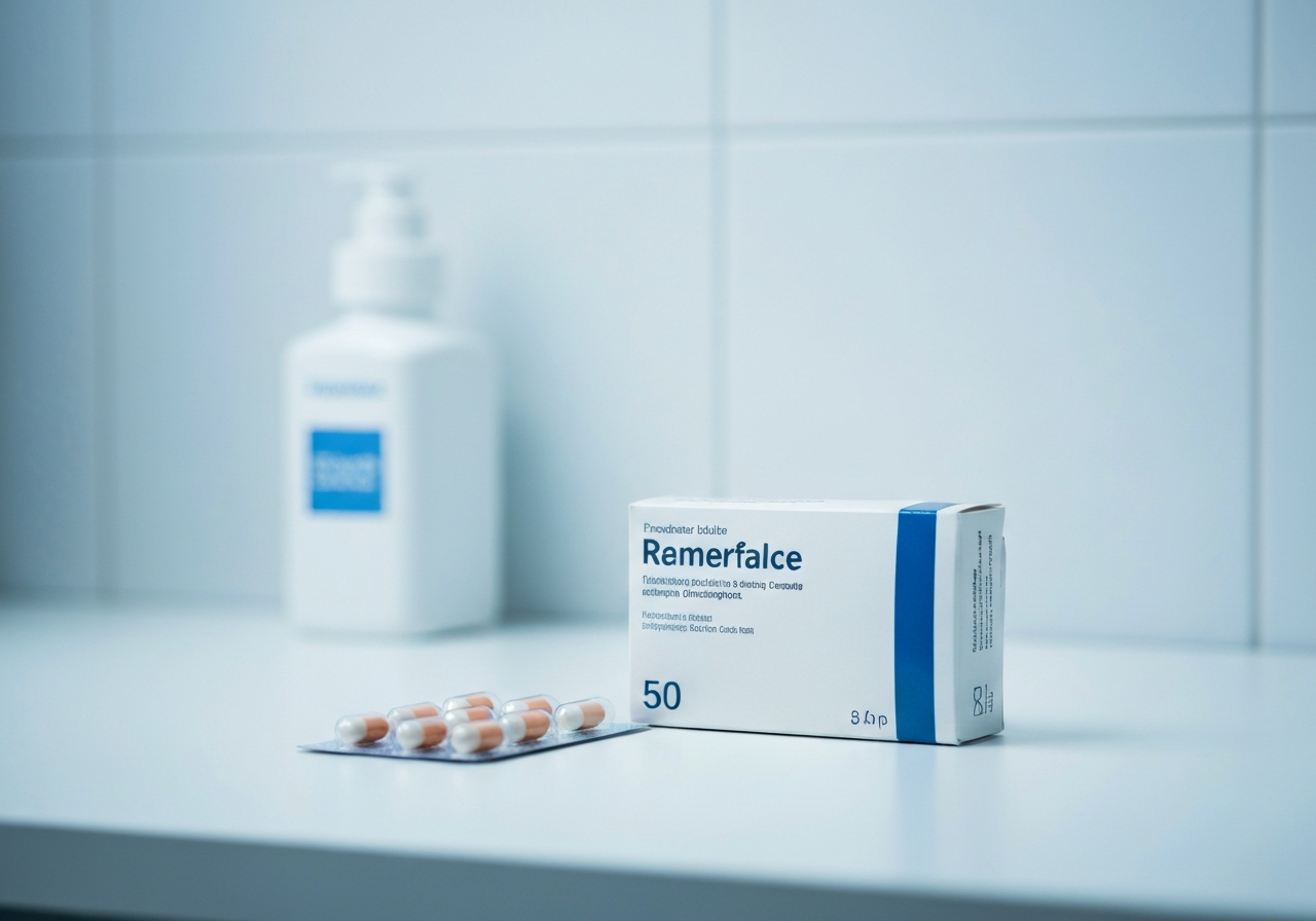 A clinical, high-end medical setting featuring a neatly arranged box of medication, sterile environment, soft blue and white color palette, professional editorial photography, 85mm lens, sharp focus on the product, no text, no words, no letters.