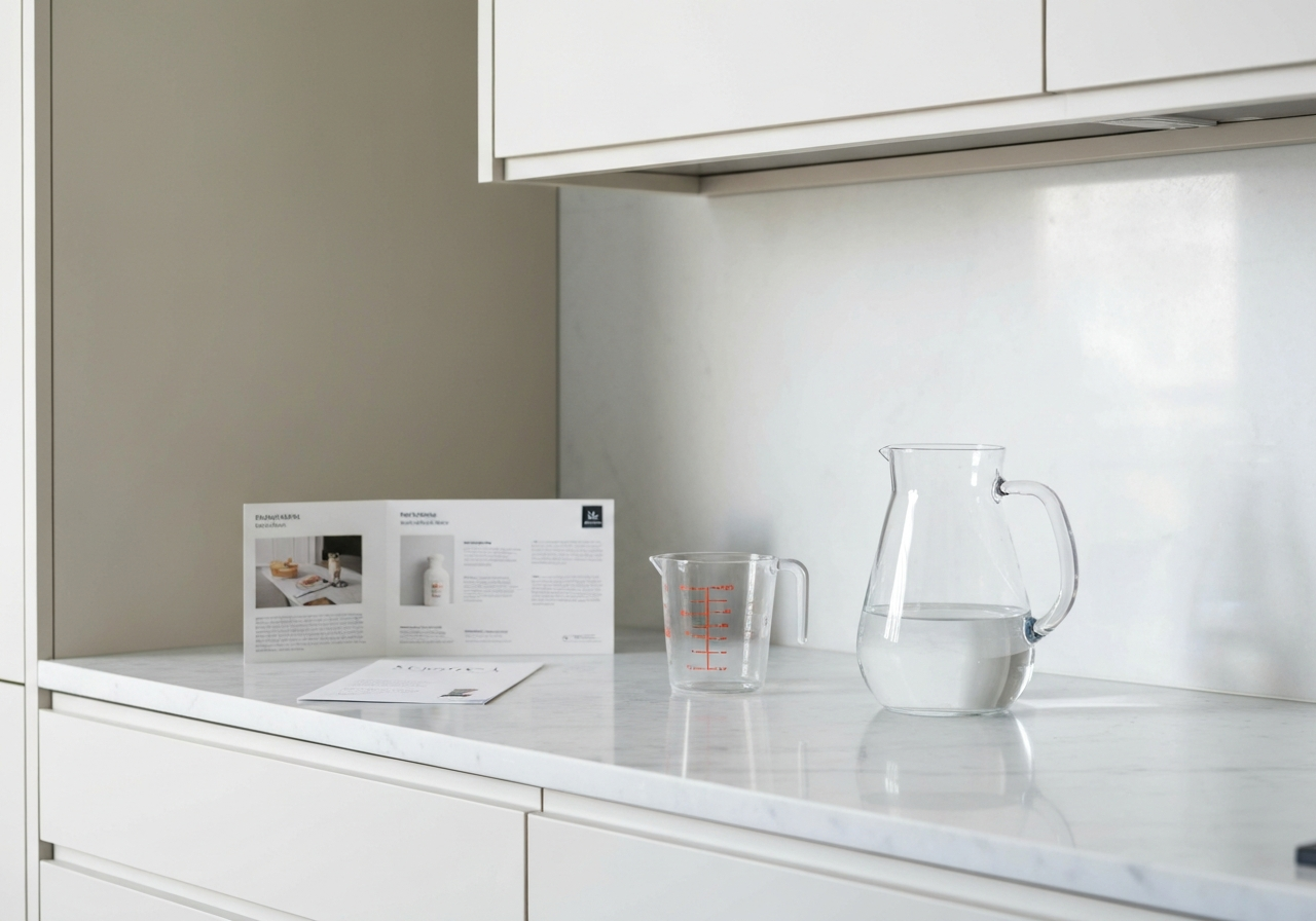 A professional, clean kitchen setting with a clear glass pitcher of water, a measuring cup, and a neatly placed medical brochure on a marble countertop, soft natural light, minimalist aesthetic, 85mm lens, high quality editorial photography, no text, no letters