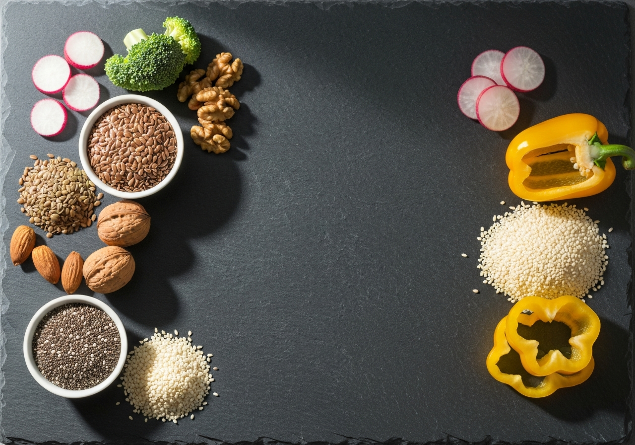 Posílení imunity: 7 rychlých tipů (za 5 minut) 3 A professional flat-lay photograph of various organic seeds, nuts, and fresh colorful vegetables on a slate kitchen table, soft natural light, shallow depth of field, 85mm lens, premium health editorial style, no text, no words, no letters.