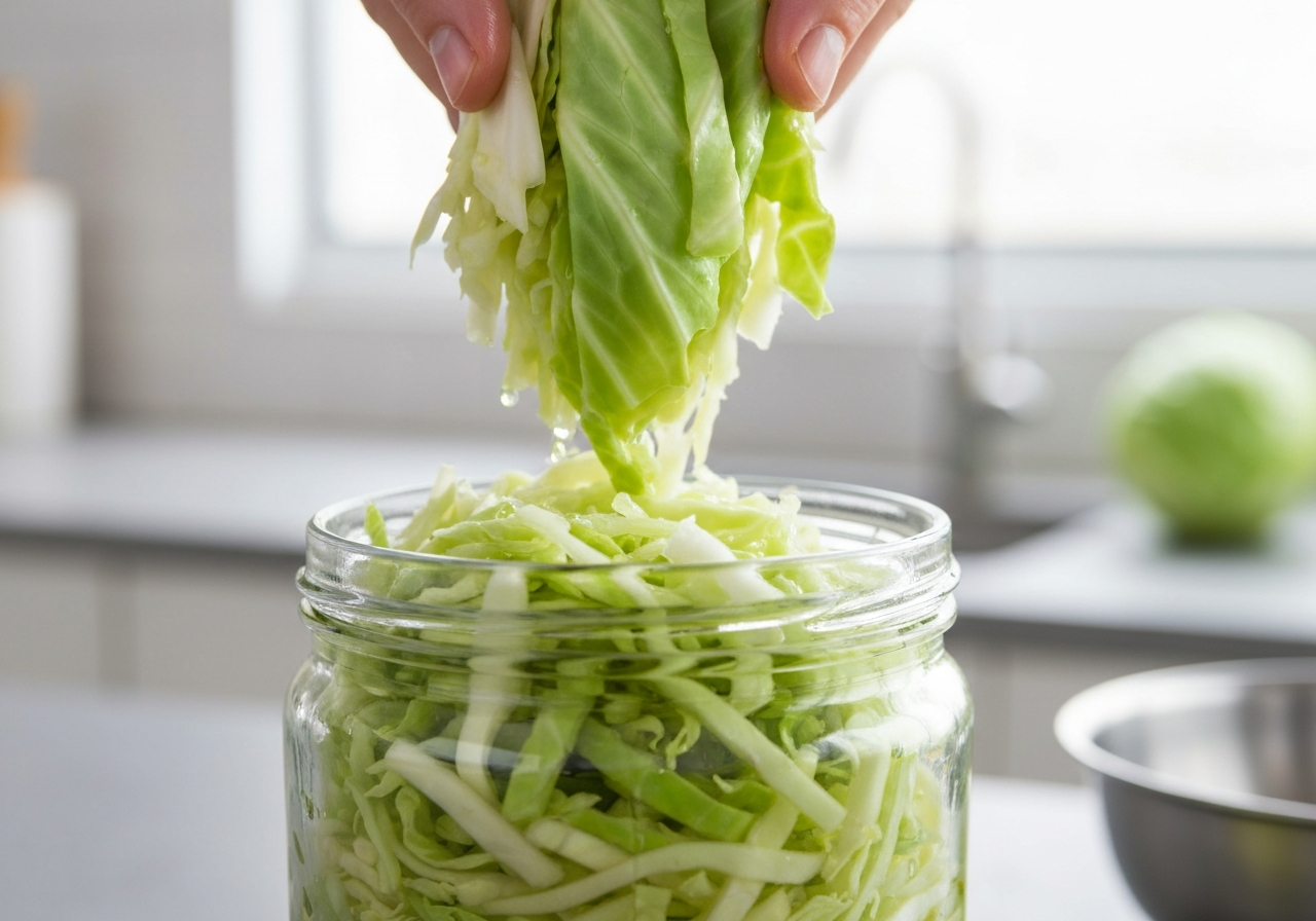 Close-up of shredded green cabbage being pressed into a glass jar, vibrant textures, droplets of brine, modern minimalist kitchen background, editorial photography, soft natural light, 85mm macro lens, high detail, no text, no words, no letters