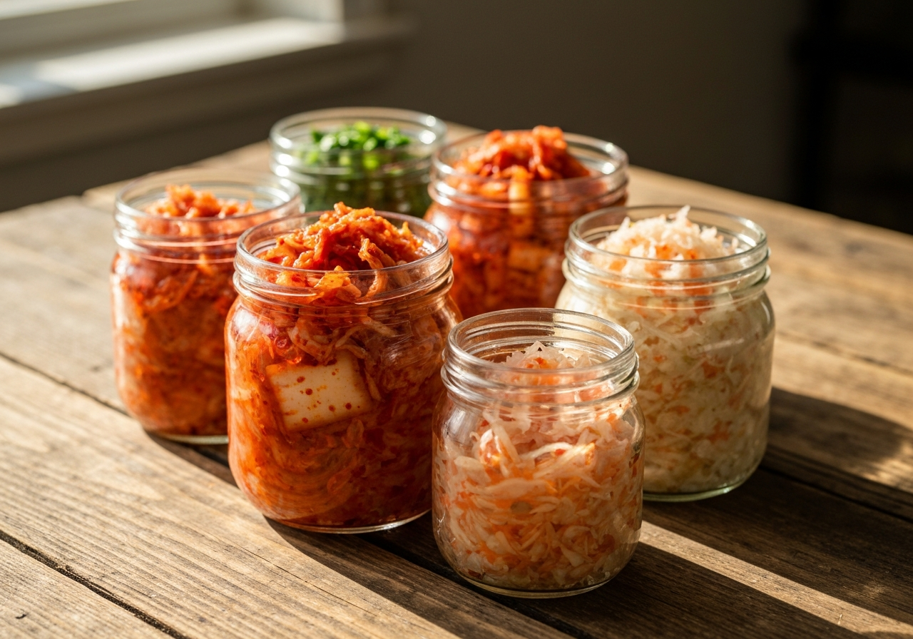 A beautiful rustic wooden table featuring a collection of glass jars with different types of fermented cabbage, including vibrant red kimchi and classic sauerkraut, natural sunlight, depth of field, premium editorial food photography, 85mm lens, no text, no words, no letters.