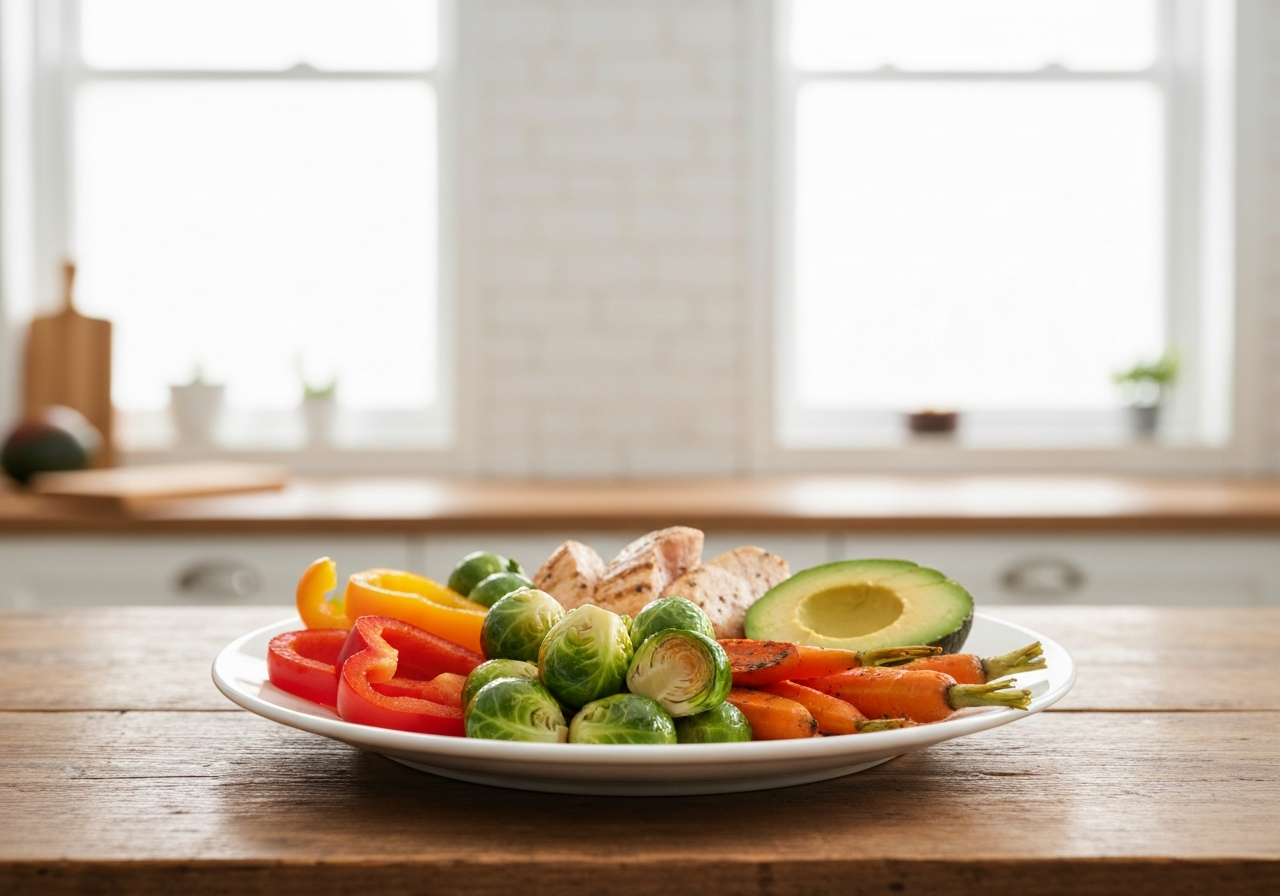 Editorial photography, a balanced rustic plate with colorful vegetables, lean proteins and healthy fats, bright modern kitchen background, soft natural light, shallow depth of field, 85mm lens, highly detailed, no text, no letters