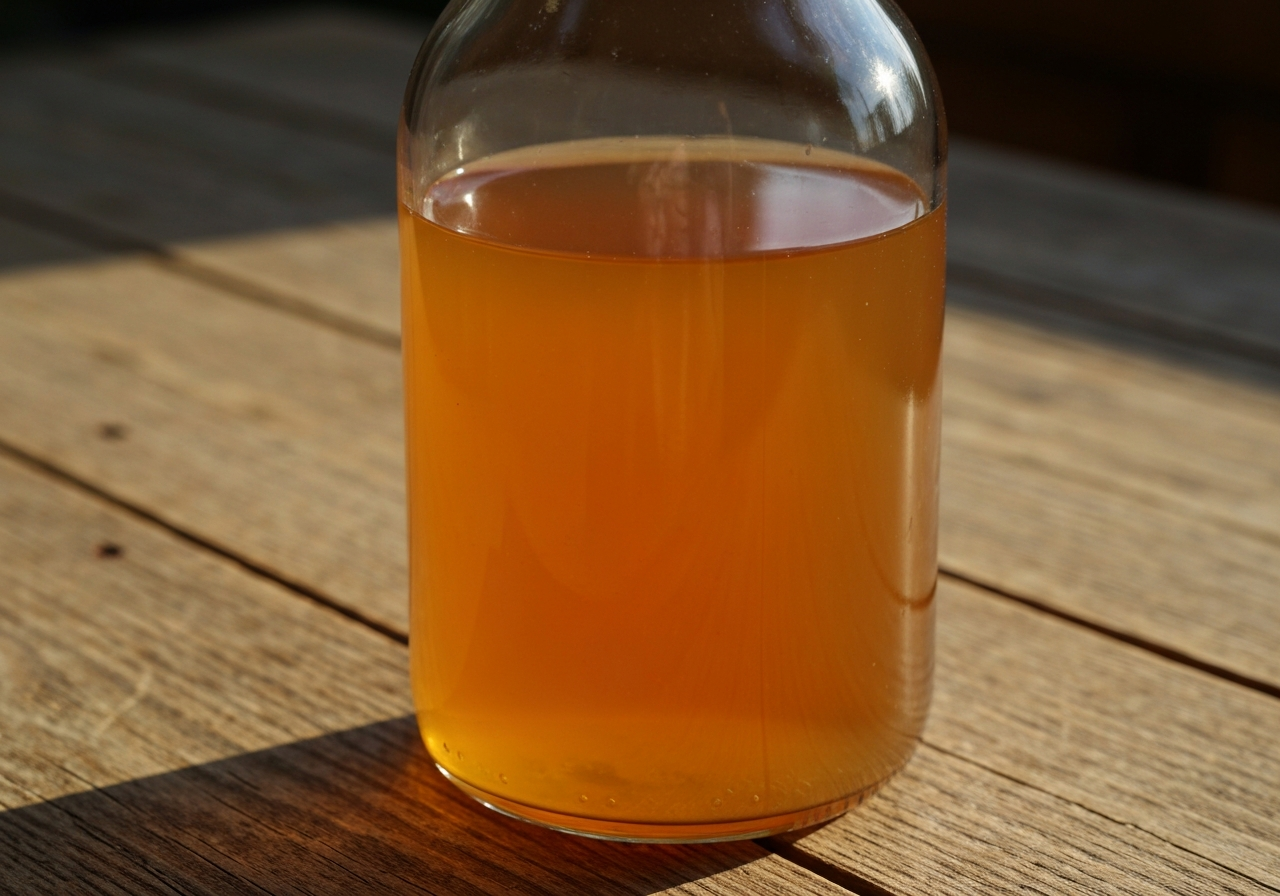 Jablečný ocet: 5 triků pro detox (za 5 minut) 2 Close-up of raw organic apple cider vinegar in a glass bottle with visible cloudy mother culture at the bottom, rustic wooden table, soft morning sunlight, editorial photography, 85mm lens, highly detailed, no text, no letters