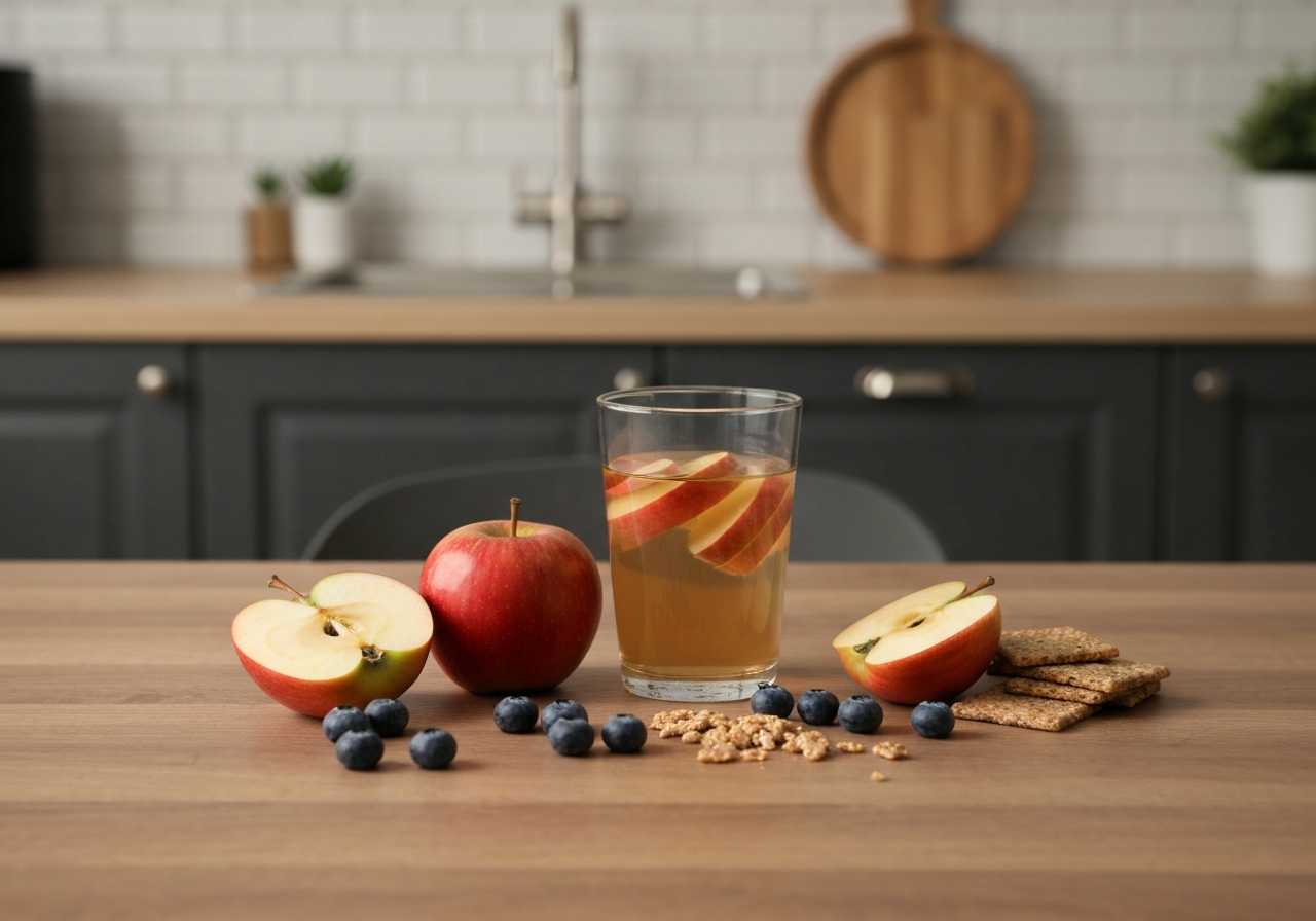 Jablečný ocet: 5 triků pro detox (za 5 minut) 3 A professional nutritionist's workspace with a glass of water containing apple cider vinegar, fresh sliced apples, and raw whole foods on a wooden table, soft natural light, minimalist kitchen background, editorial photography, 85mm lens, high resolution, no text, no letters