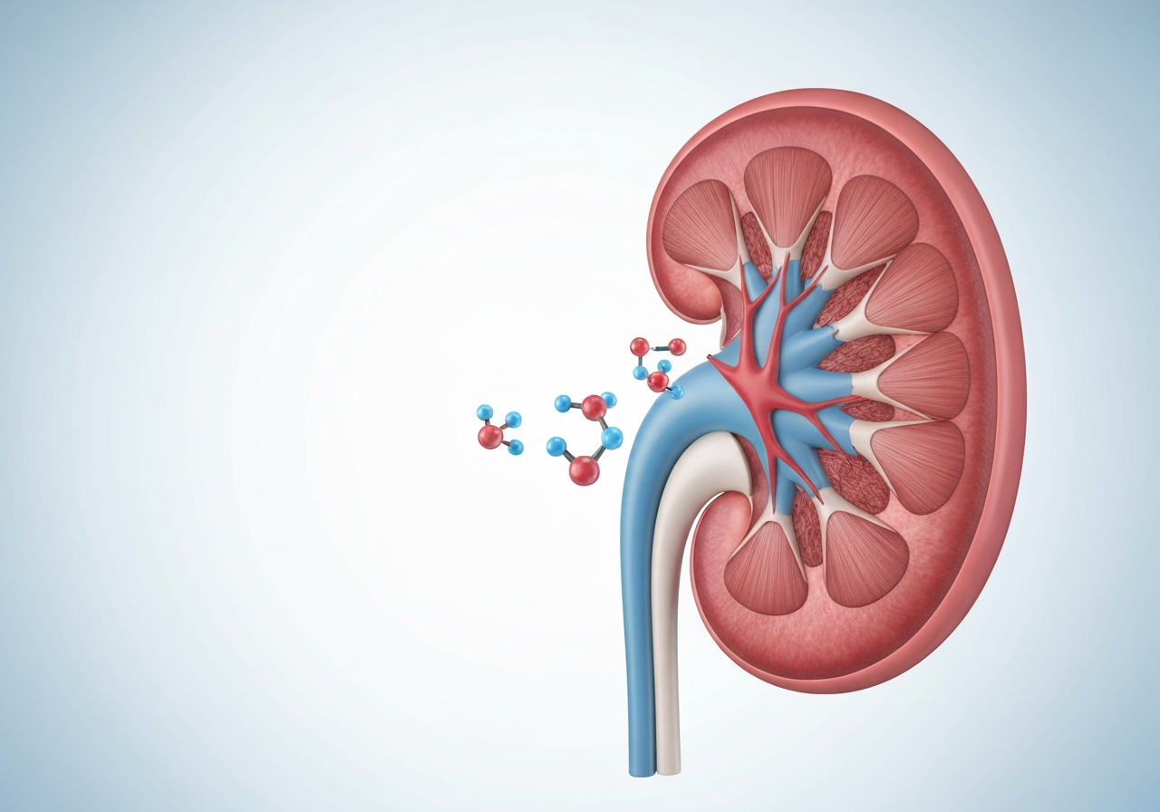 Kyselina askorbová: Čistí opravdu tělo? (Pravda) 3 A professional medical infographic illustration of a human kidney filtering blood, with molecular structures of ascorbic acid drifting through, clean clinical aesthetics, minimalist background, soft blue and white lighting, 85mm lens, high resolution, no text, no letters