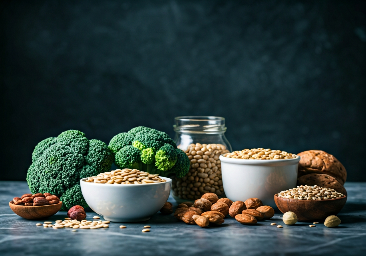 A macro shot of various healthy food sources containing chromium such as broccoli, whole grains, and nuts, arranged on a marble surface, editorial photography, soft natural light, 85mm lens, minimalist aesthetic, no text, no words, no letters