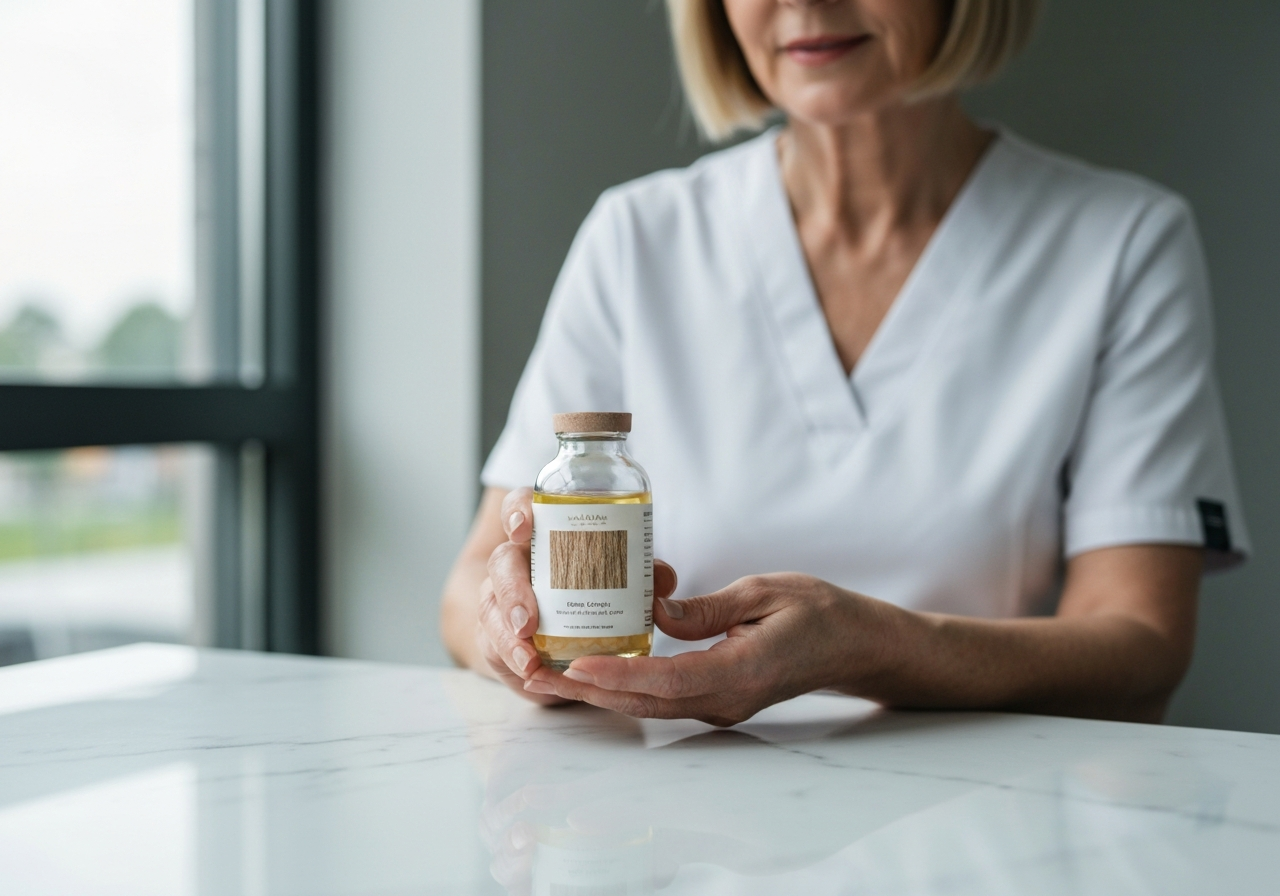 A professional health practitioner hand holding a small, clear glass bottle of high-quality dietary supplements on a marble surface, minimalistic aesthetic, soft natural daylight, premium health editorial style, 85mm lens, no text, no words.