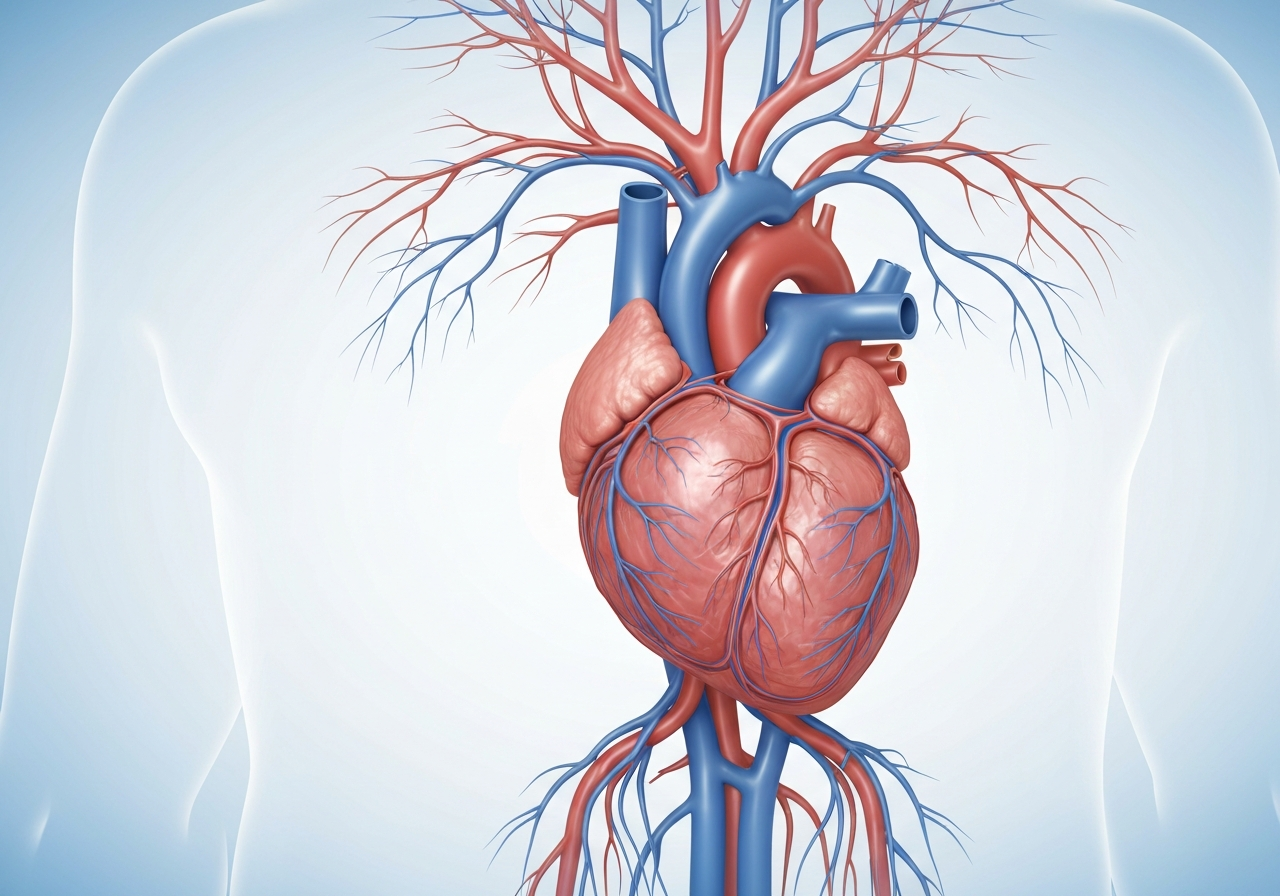Diastolický tlak: Jak ho rychle snížit? (Krok za krokem) 2 A professional medical illustration of a human heart and arterial system, clean minimalist aesthetic, soft blue and white background, editorial clinical style, sharp focus, 85mm lens, no text, no words, no letters