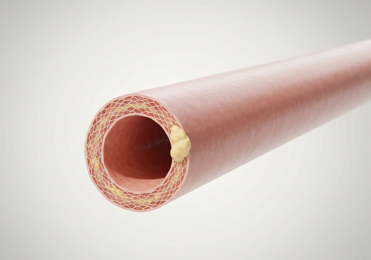 Diastolický tlak: Jak ho rychle snížit? (Krok za krokem) 3 A professional medical illustration of a cross-section of a human artery with slight plaque buildup, clean clinical background, soft natural lighting, high resolution, 85mm lens, minimalist aesthetic, no text, no words.