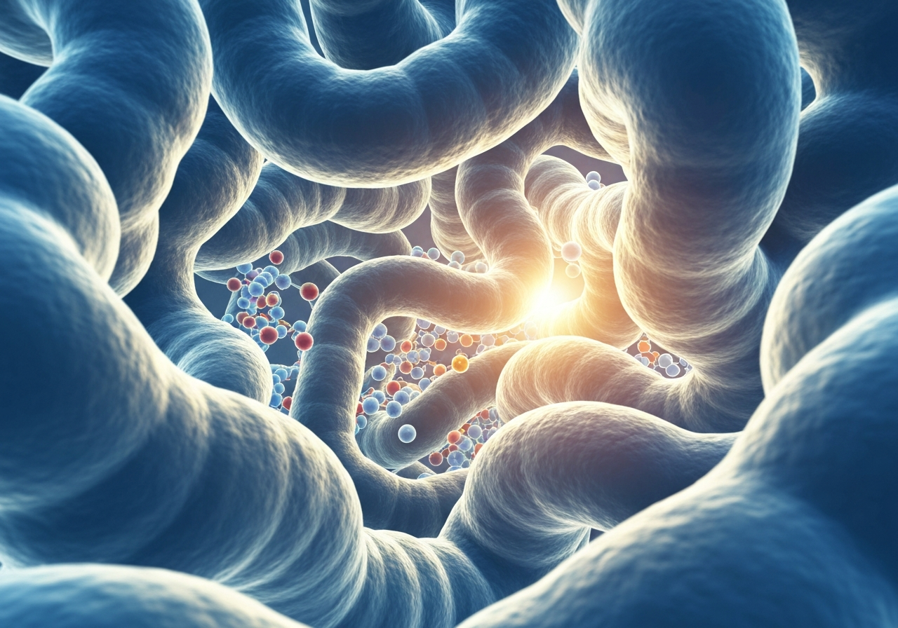 A microscopic visualization of iron molecules interacting with ascorbic acid in a human intestinal environment, clean medical scientific style, soft blue and golden lighting, premium editorial aesthetic, 85mm lens, highly detailed, no text, no letters
