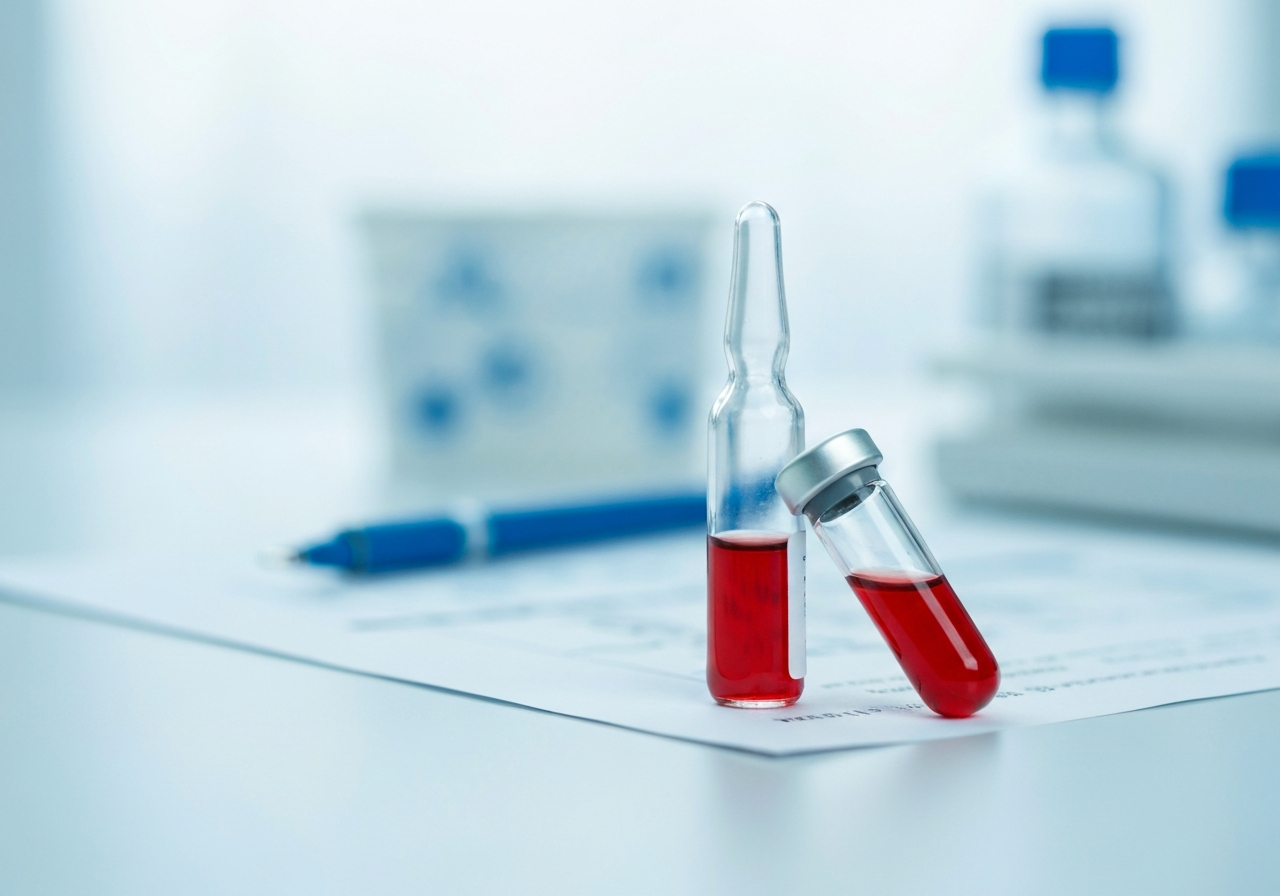 A high-end clinical laboratory setting with a glass vial containing a blood sample, medical charts in the background, clean white and blue aesthetics, professional medical editorial photography, soft natural light, 85mm lens, sharp focus on the vial, no text, no words, no letters