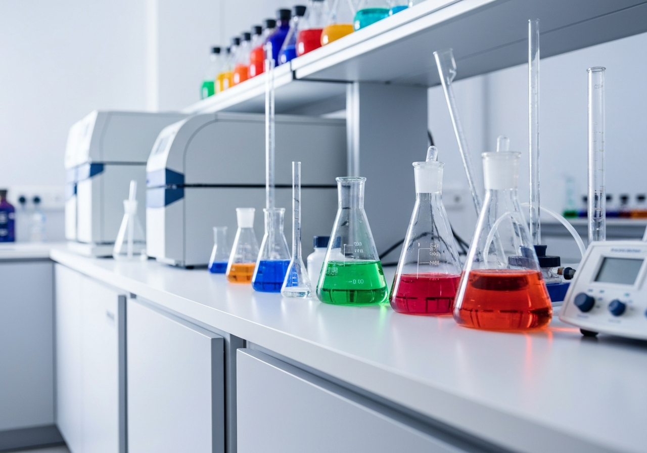 A professional laboratory setting with colorful chemical solutions in glass beakers, analytical equipment, clean modern interior, editorial photography style, soft natural light, shallow depth of field, 85mm lens, highly detailed, no text, no letters.