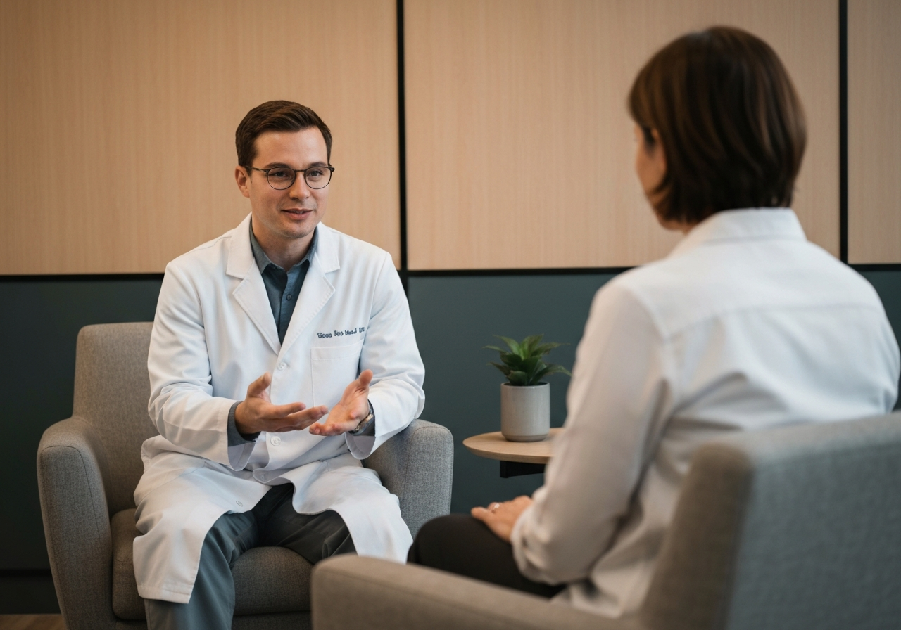 A professional clinical consultation setting with a modern, minimalist aesthetic, warm natural light filtering through a window, a neutral-colored desk with a notebook and a glass of water, blurred background of a clean medical office, editorial photography style, 85mm lens, high resolution, no text, no words, no letters.