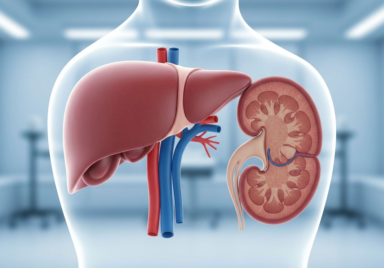 A professional medical infographic style visualization of human liver and kidneys in a clean, minimalist clinical setting, soft blue and white ambient light, editorial aesthetic, 85mm lens, high detail, no text, no letters.