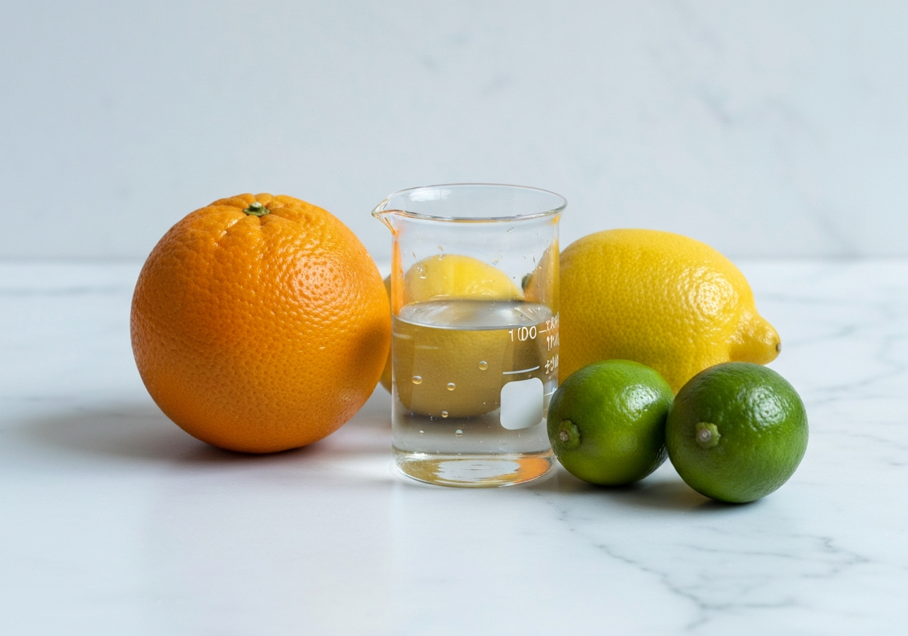 A professional, clinical still life of fresh citrus fruits and a laboratory beaker with water droplets on a clean white marble surface, editorial photography, minimalist, soft natural light, 85mm lens, high resolution, no text, no letters