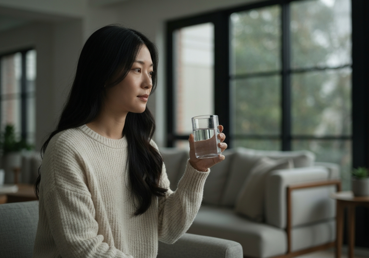 Úzkost: Zastavte ji studenou sprchou (Rychlý návod) 2 A professional conceptual shot of a person sitting in a calm, modern living space, observing a glass of water, reflecting on mental clarity, cinematic atmosphere, soft natural light, minimalist aesthetic, 85mm lens, high quality, no text, no words, no letters