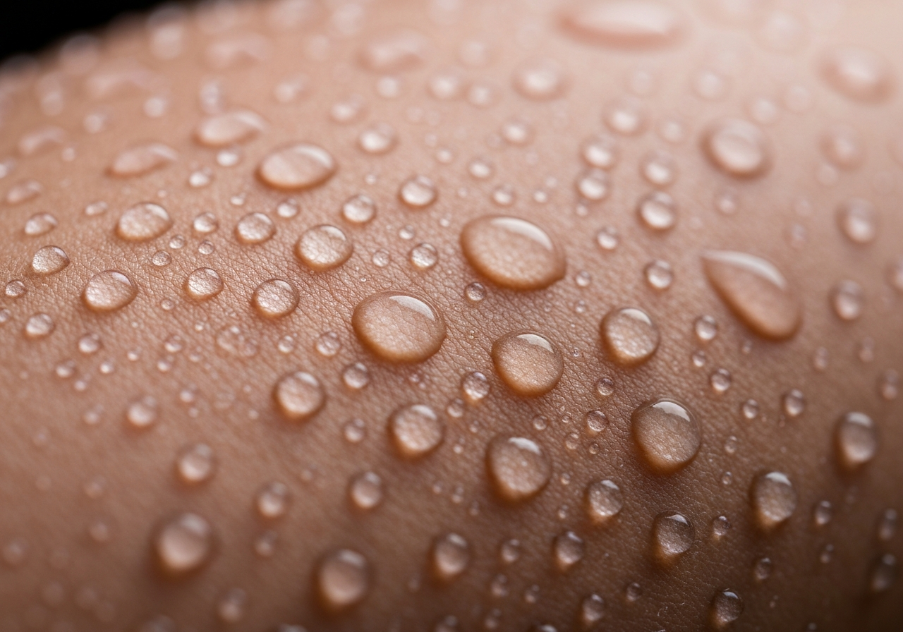 Úzkost: Zastavte ji studenou sprchou (Rychlý návod) 3 Close-up of water droplets on skin, artistic editorial photography, focus on texture and sensory experience, modern clinical aesthetic, soft natural light, 85mm lens, high resolution, no text, no letters