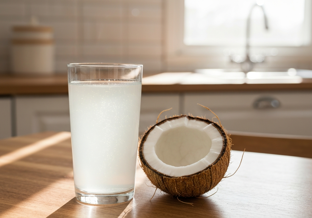 Kokosová voda: Je opravdu tak zdravá? (Pravda 2026) 2 A clear glass of fresh coconut water next to a halved young green coconut on a rustic wooden table, bright airy kitchen background, editorial photography, soft natural sunlight, 85mm lens, shallow depth of field, high resolution, no text, no words, no letters
