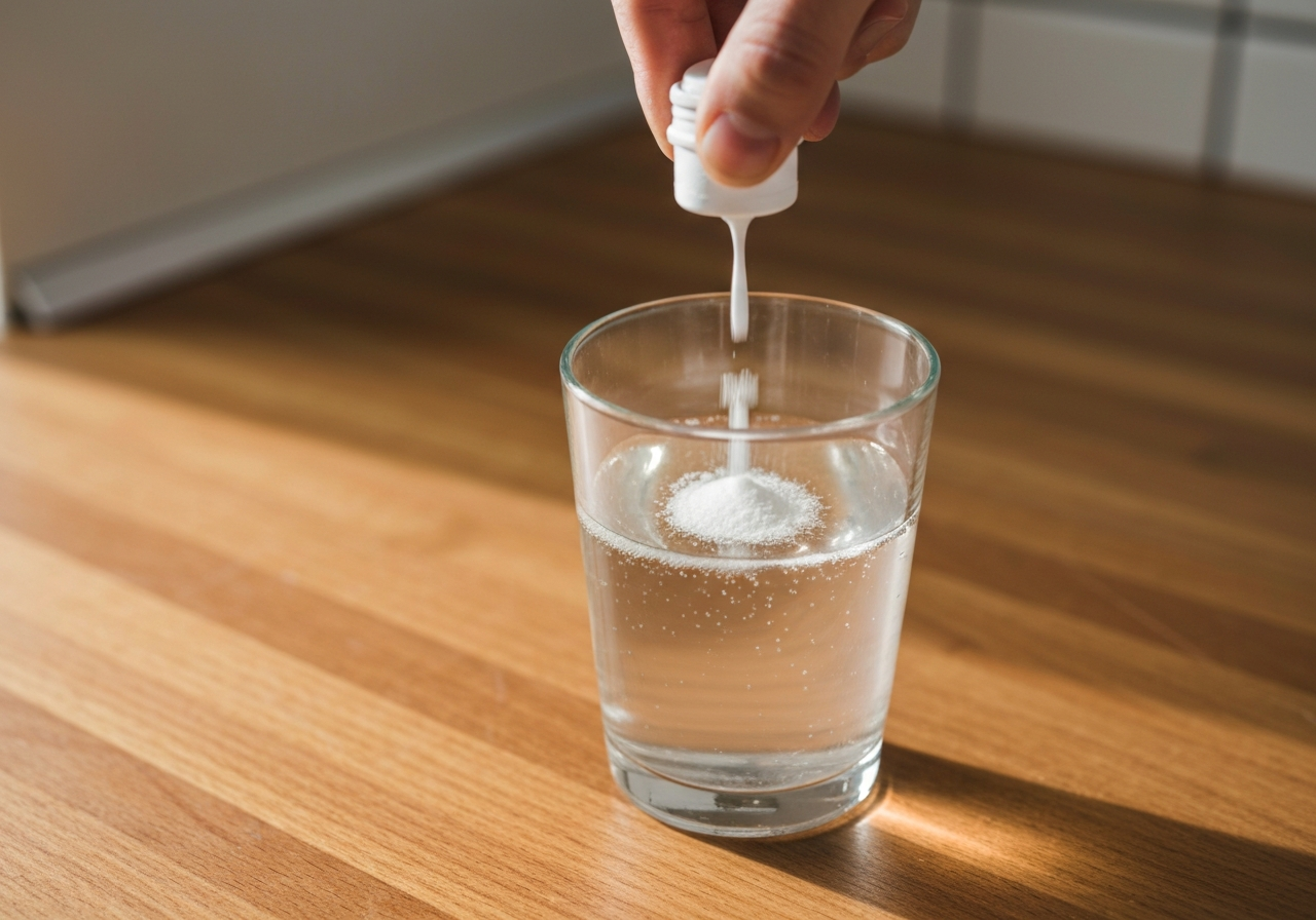 Alkohol na podrážděný žaludek: Je to bezpečné? (Pravda) 3 A high-angle close-up shot of a glass of mineral water with electrolyte powder stirring, a clean wooden kitchen surface, clinical but inviting atmosphere, soft morning natural light, 85mm lens, high resolution, no text, no letters