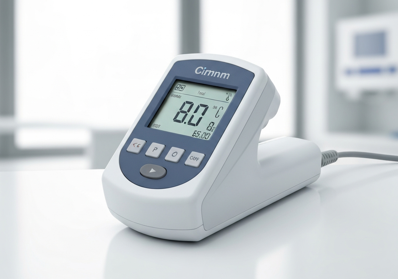 A professional medical monitoring device measuring body temperature with a digital display, modern clinical environment, soft natural light, close-up, editorial photography, 85mm lens, high resolution, no text, no words, no letters
