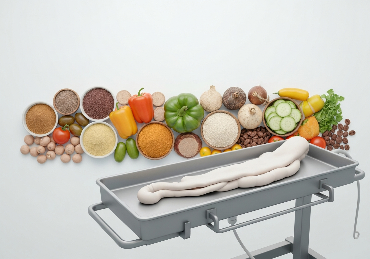Detoxikace střev: 7 metod, které fungují (Krok za krokem) 2 A professional medical infographic illustration comparing a sterile medical environment with a clinical colonoscopy tray and a background of natural, balanced healthy foods, minimalist aesthetic, soft clinical lighting, 85mm lens, high resolution, no text, no letters.