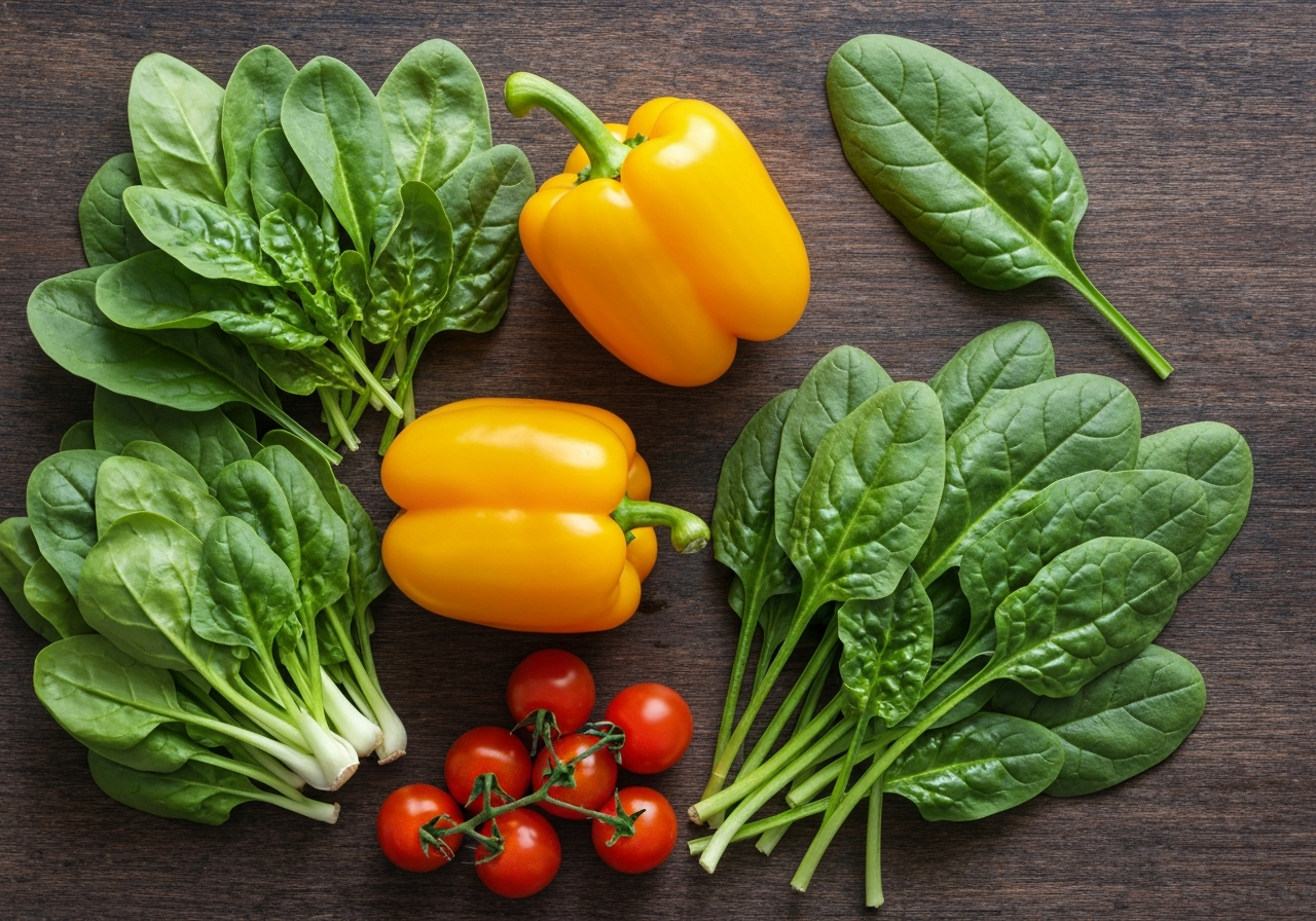 Flat lay of various colorful organic vegetables and leafy greens on a wooden surface, clean aesthetic, natural soft daylight, professional food photography, 85mm lens, no text, no words, no letters