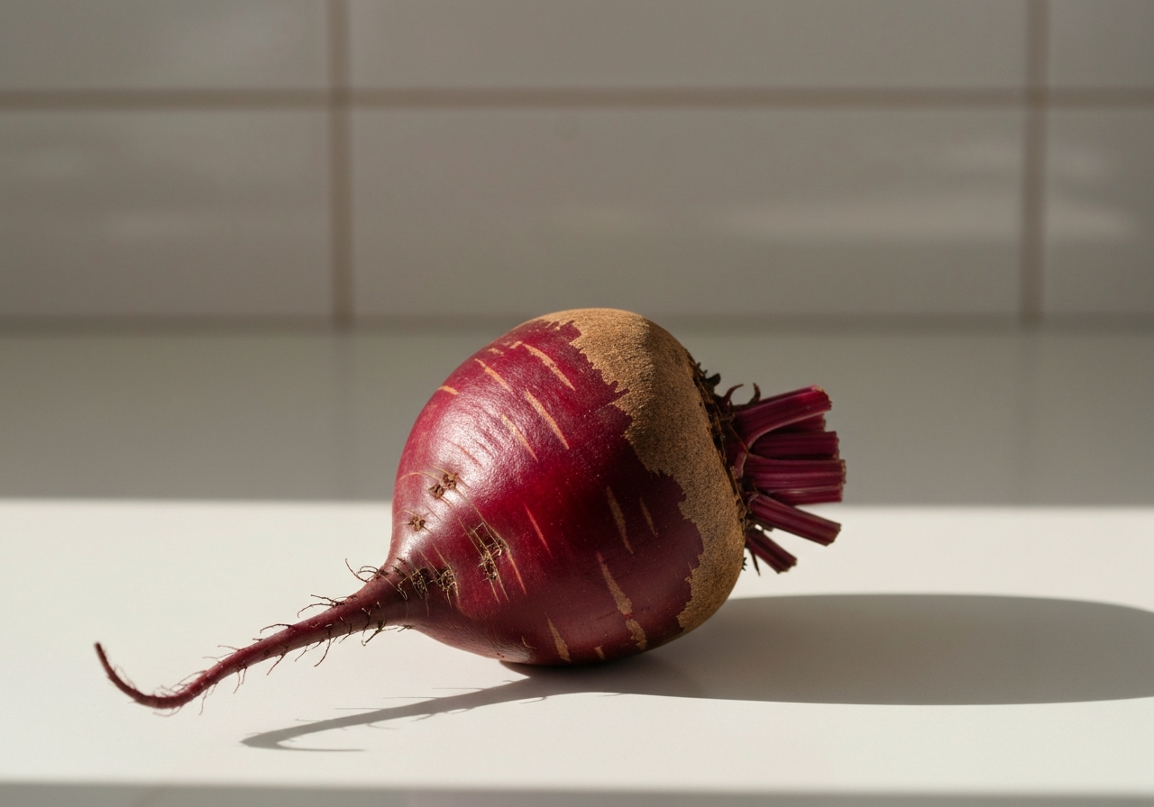 Close-up editorial photography of vibrant raw beetroot, showcasing its earthy texture and deep crimson color, set against a clean, modern kitchen counter, soft natural light, 85mm lens, highly detailed, no text, no words, no letters