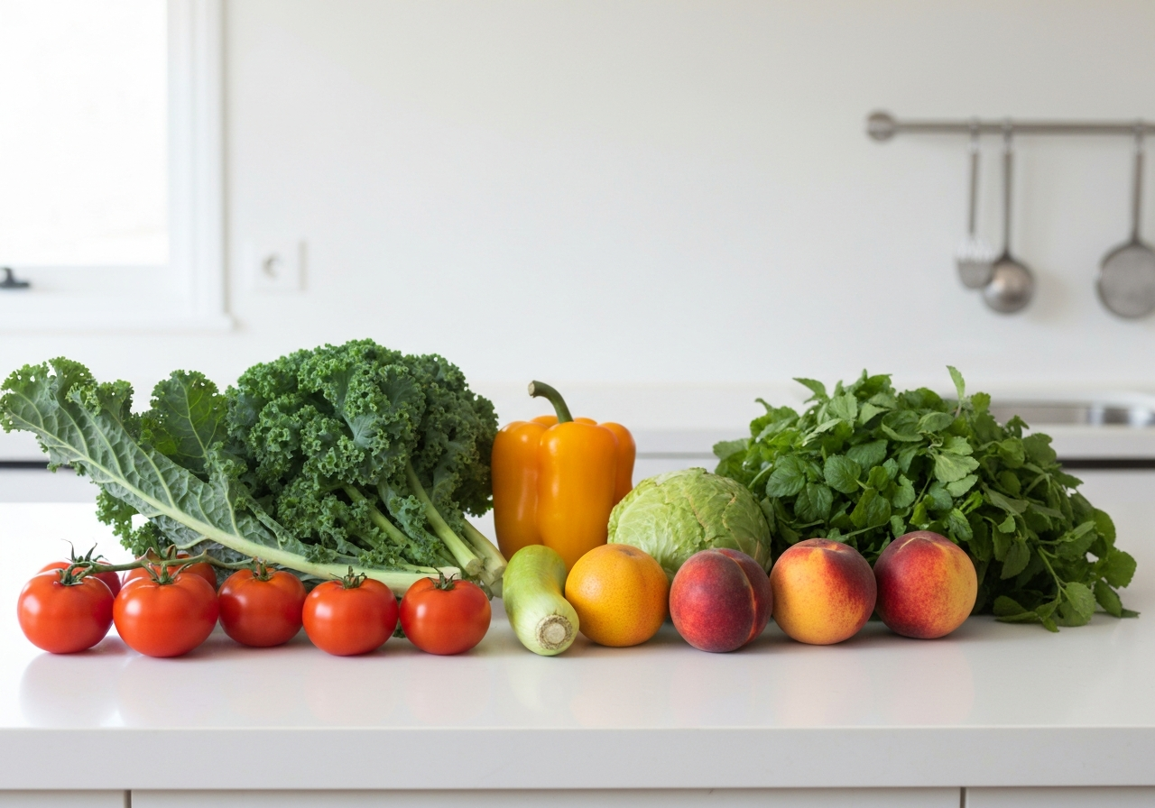 Editorial photography, a selection of fresh organic vegetables and fruits arranged aesthetically on a clean, modern kitchen counter, soft natural light, 85mm lens, highly detailed, no text, no words, no letters