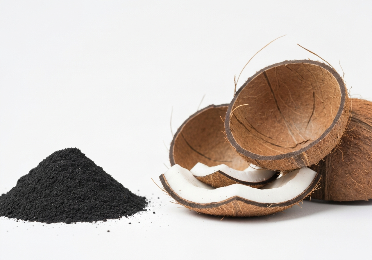 Aktivní uhlí: Opravdu funguje na detox? (Pravda) 2 Macro photography of activated charcoal powder next to coconut shells, minimalist white background, professional laboratory aesthetic, soft studio lighting, sharp focus, 85mm lens, no text, no words, no letters.