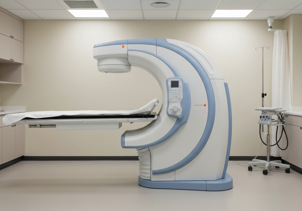A professional medical scanner machine in a modern clinical room, clinical equipment, soft natural light, depth of field, premium medical photography, 85mm lens, high resolution, no text, no words, no letters