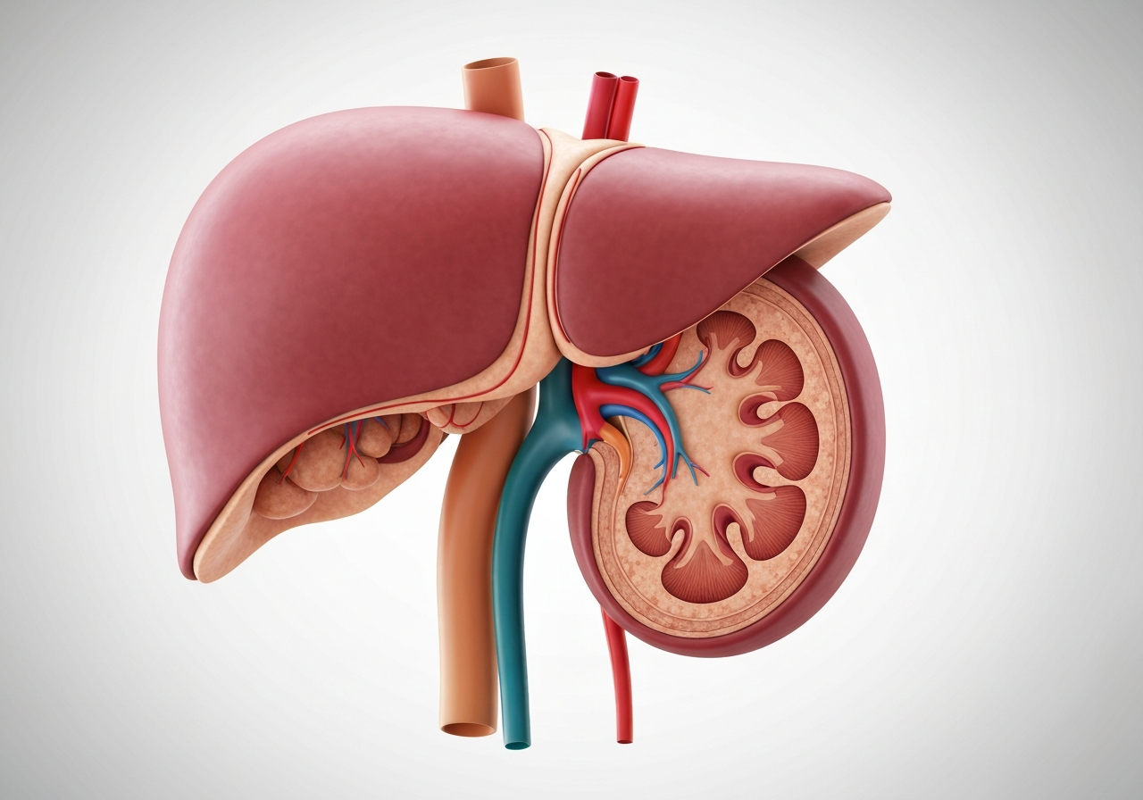 A detailed, high-resolution anatomical illustration of the human liver and kidneys in a clean, minimalist medical aesthetic, soft natural light, shallow depth of field, 85mm lens, professional clinical style, no text, no letters