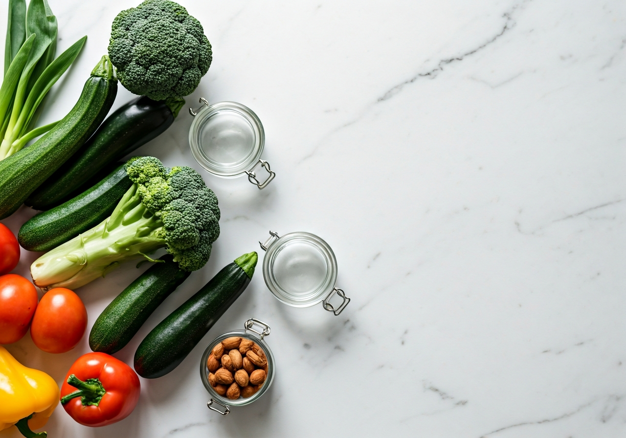 A flat lay of vibrant, raw organic vegetables, nuts, and clean glass jars on a minimalist marble kitchen counter, representing pre-fasting preparation, soft natural light, editorial photography style, high-end, clean aesthetic, 85mm lens, no text, no letters
