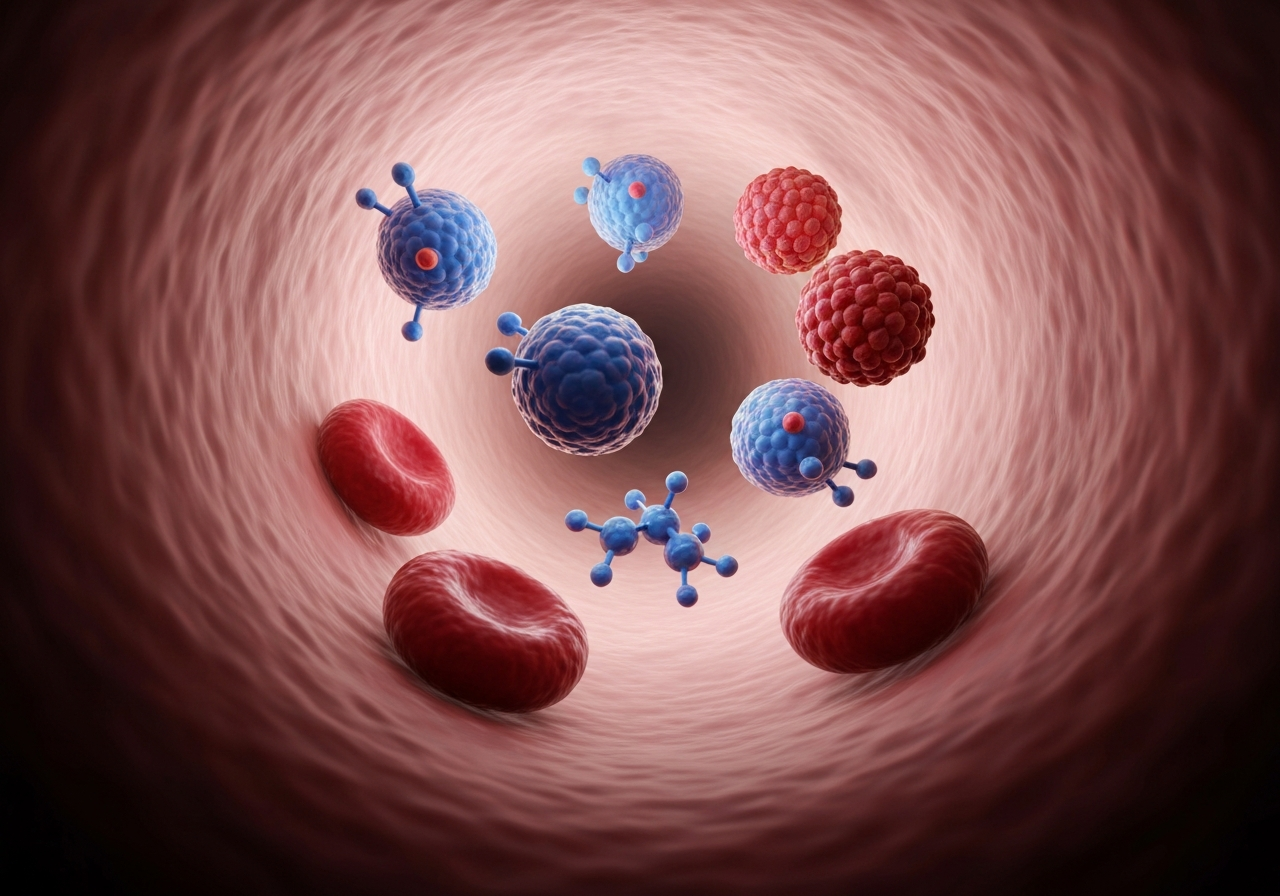 Cholesterol: Je vaše hladina v normě? (Test 2026) 2 A scientific 3D visualization of lipid molecules and lipoprotein particles floating in a blood vessel, clean medical aesthetic, soft cinematic lighting, 85mm lens, high resolution, no text, no letters